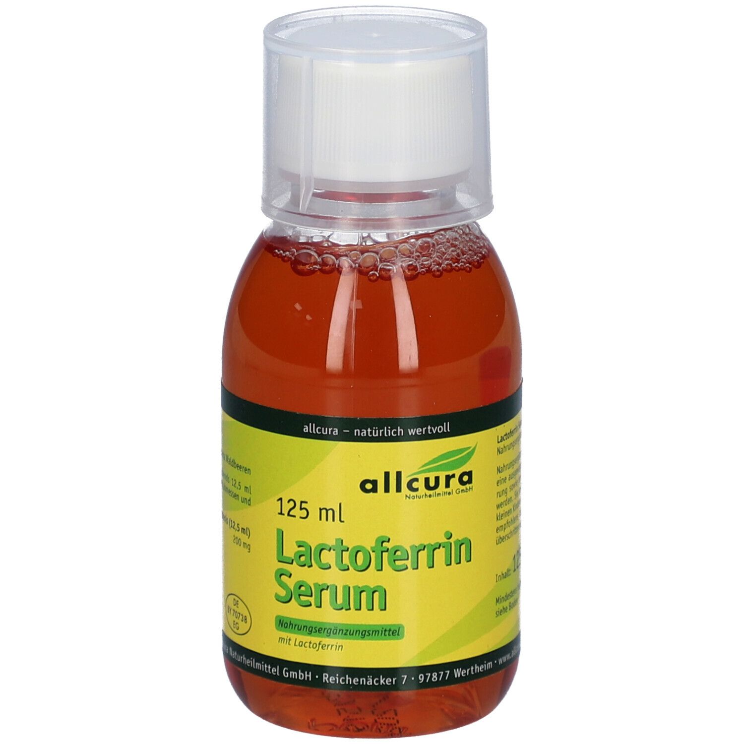 Lactoferrin Serum in einer Flasche mit weißem Deckel. Gelb-grünes Etikett mit Produktnamen, Marke und Inhaltsangabe: 125 ml.