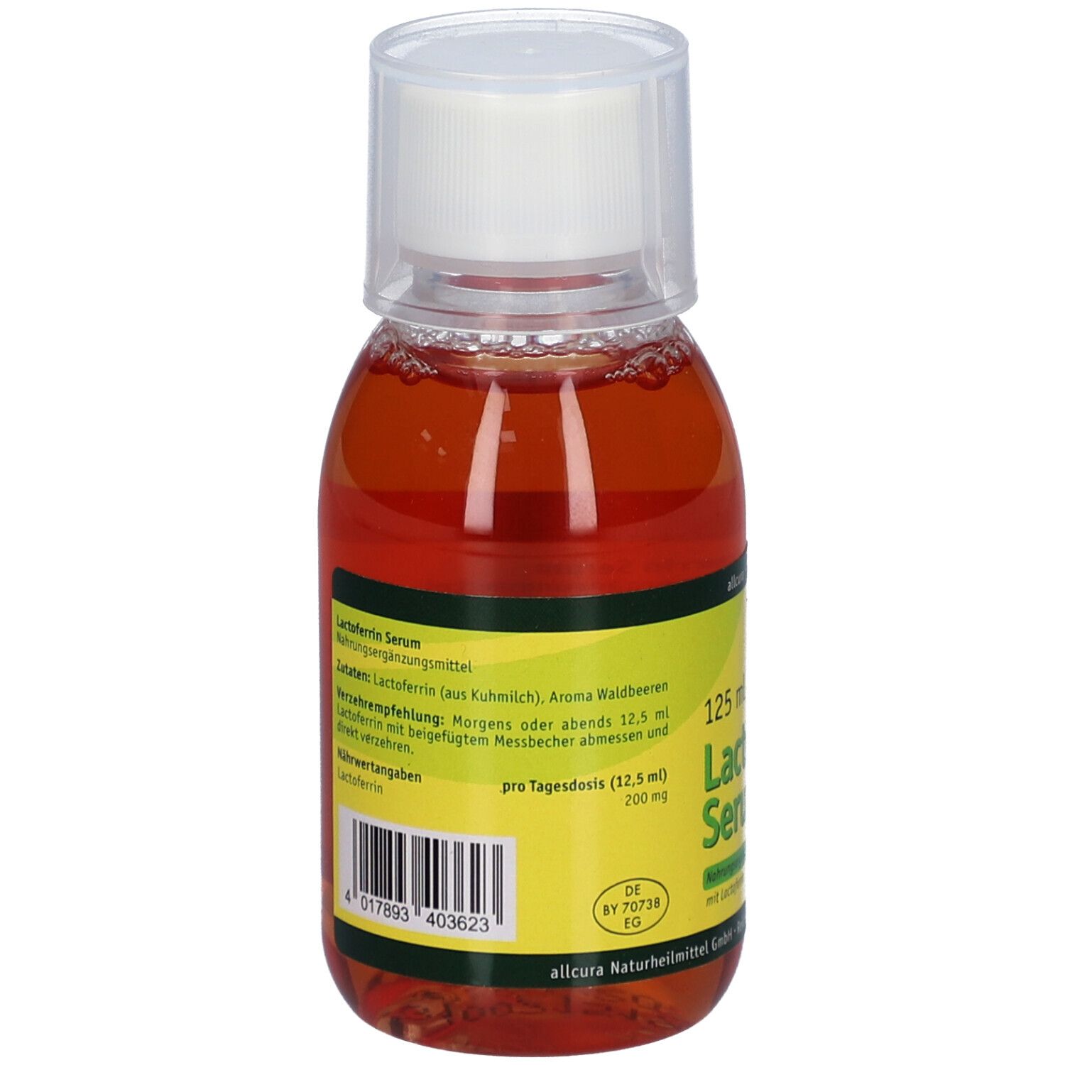 Lactoferrin Serum in einer Flasche mit weißem Deckel. Gelb-grünes Etikett mit Produktinformationen, Inhaltsstoffen und Dosierung.