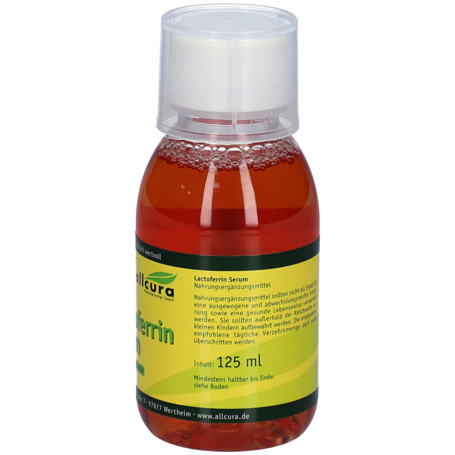 Lactoferrin Serum in einer Flasche mit weißem Deckel. Gelb-grünes Etikett mit Produktinformationen und Marke.