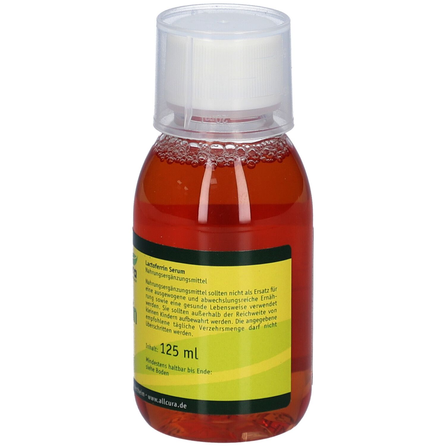 Lactoferrin Serum in einer Flasche mit weißem Deckel. Gelb-grünes Etikett mit Produktinformationen und Inhaltsangabe: 125 ml.