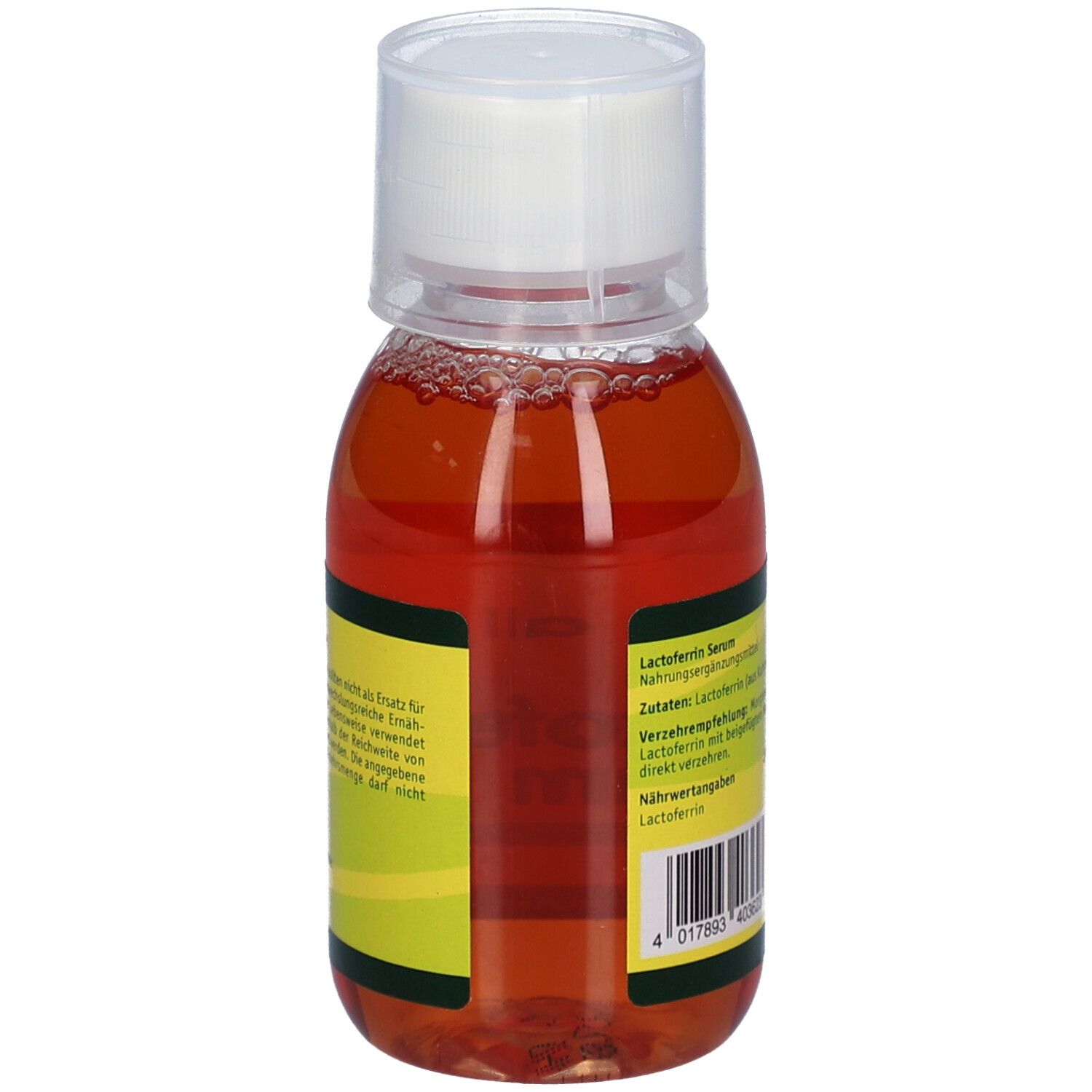 Lactoferrin Serum in einer Flasche mit weißem Deckel. Rückseite mit Produktinformationen, Inhaltsstoffen und Nährwertangaben.