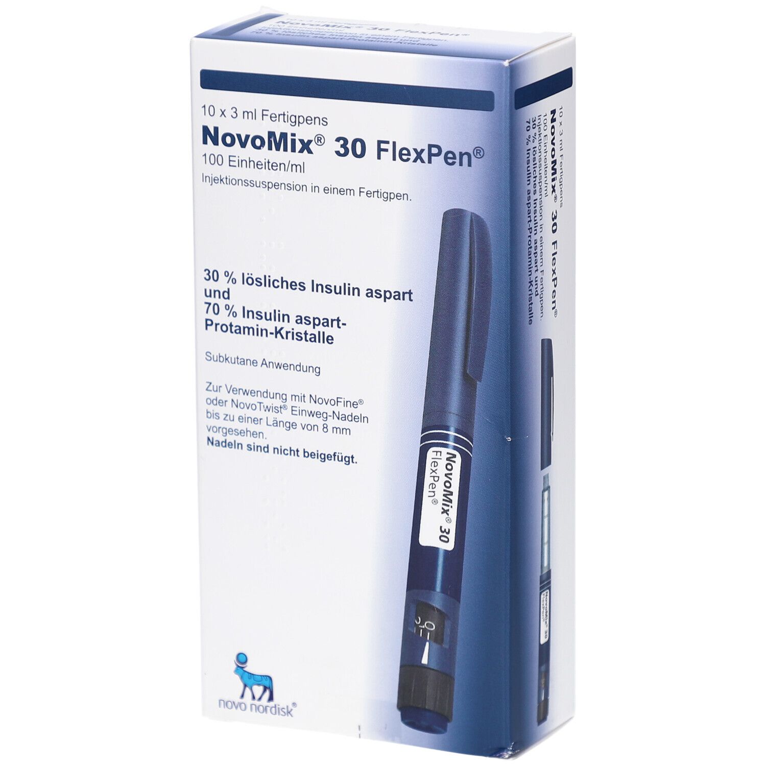 Verpackung von NovoMix 30 FlexPen. Enthält einen Fertigpen. Aufschrift: NovoMix 30 FlexPen, 100 Einheiten/ml. Blaue Pen.