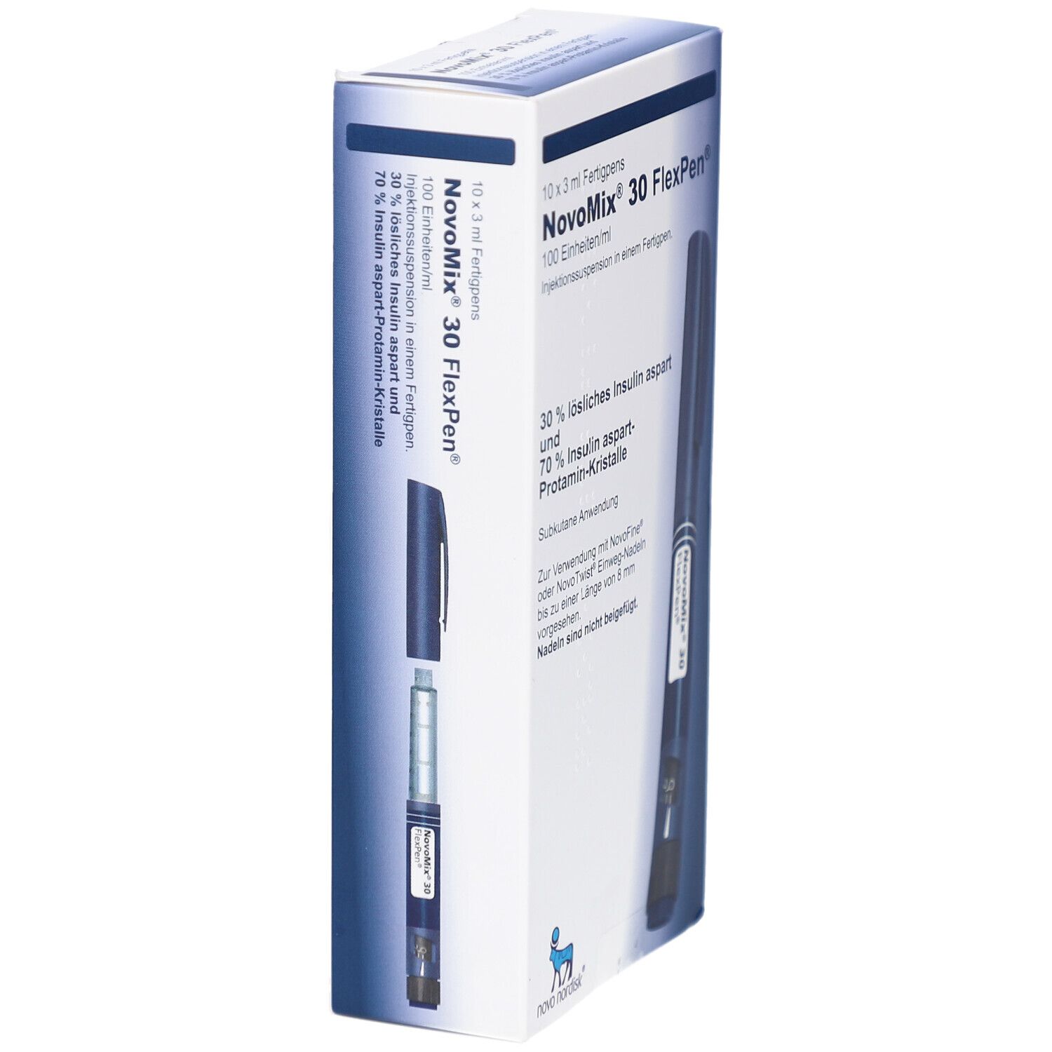 Verpackung von NovoMix 30 FlexPen. Der Pen ist auseinandergezogen dargestellt. Aufschrift: NovoMix 30 FlexPen, 100 Einheiten/ml.