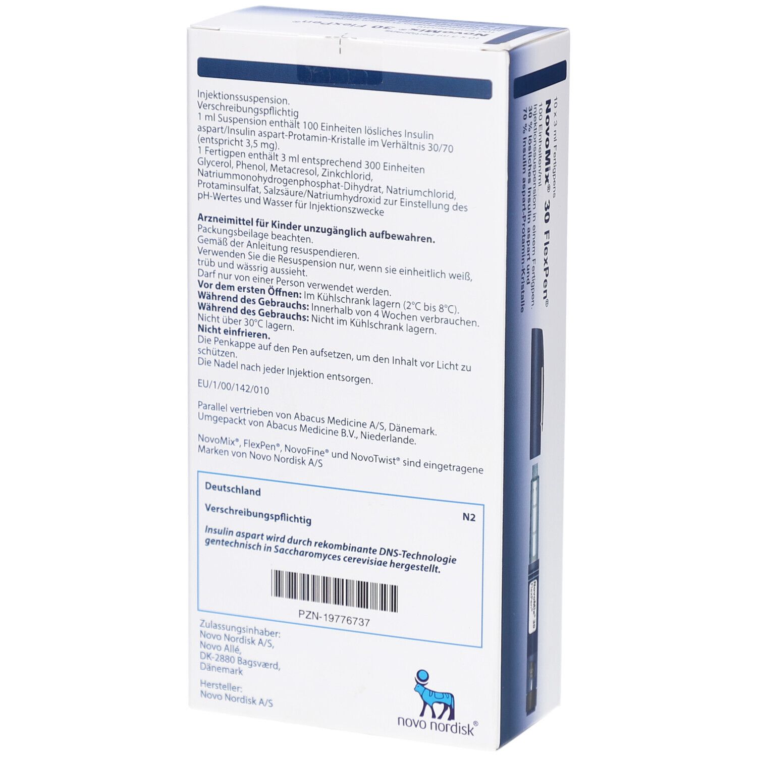 Rückseite der Verpackung von NovoMix 30 FlexPen. Enthält Informationen und Warnhinweise. Logo Novo Nordisk.