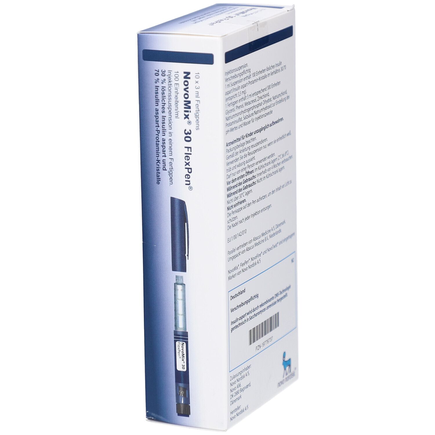 Verpackung von NovoMix 30 FlexPen. Der Pen ist teilweise sichtbar. Aufschrift: NovoMix 30 FlexPen, 100 Einheiten/ml.
