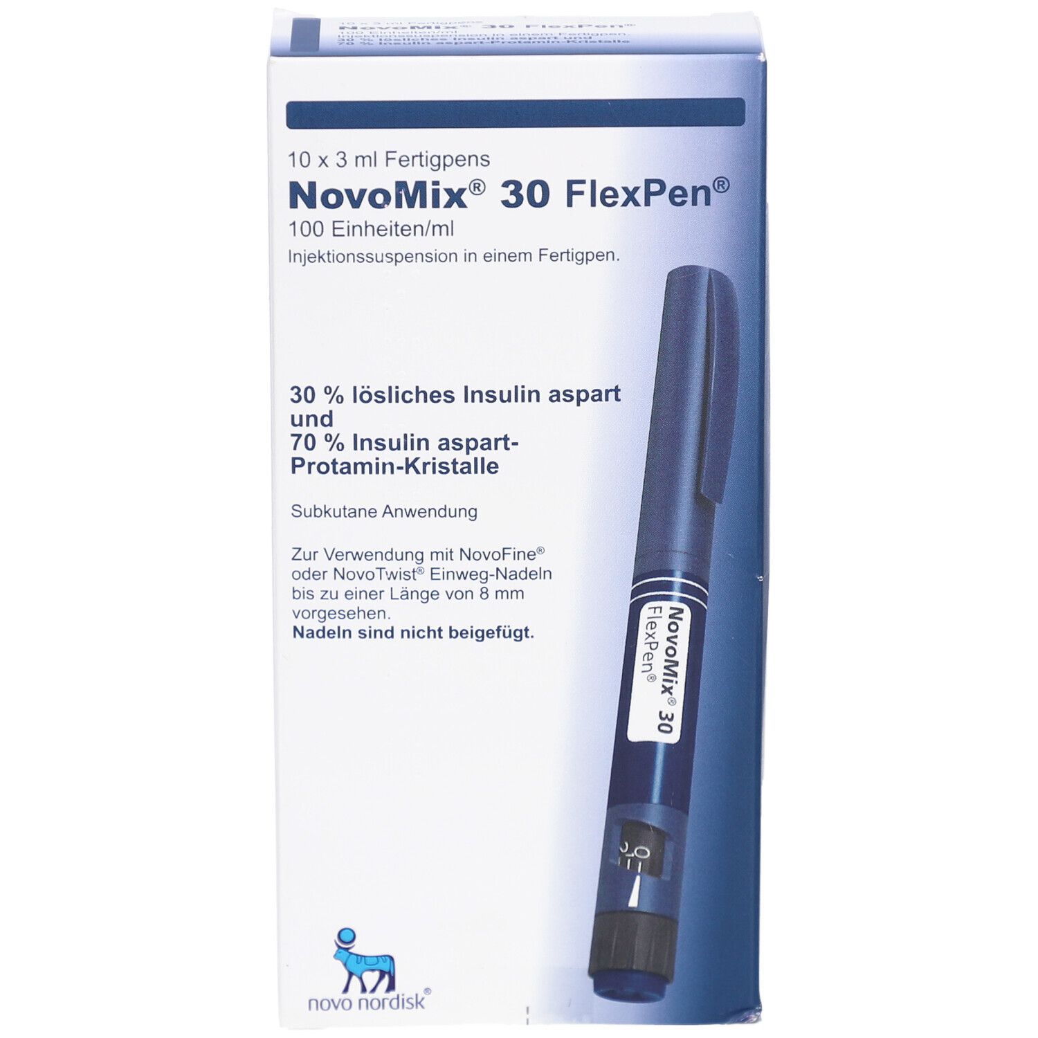 Verpackung von NovoMix 30 FlexPen. Aufschrift: NovoMix 30 FlexPen, 100 Einheiten/ml. Blaue Pen. Logo Novo Nordisk.