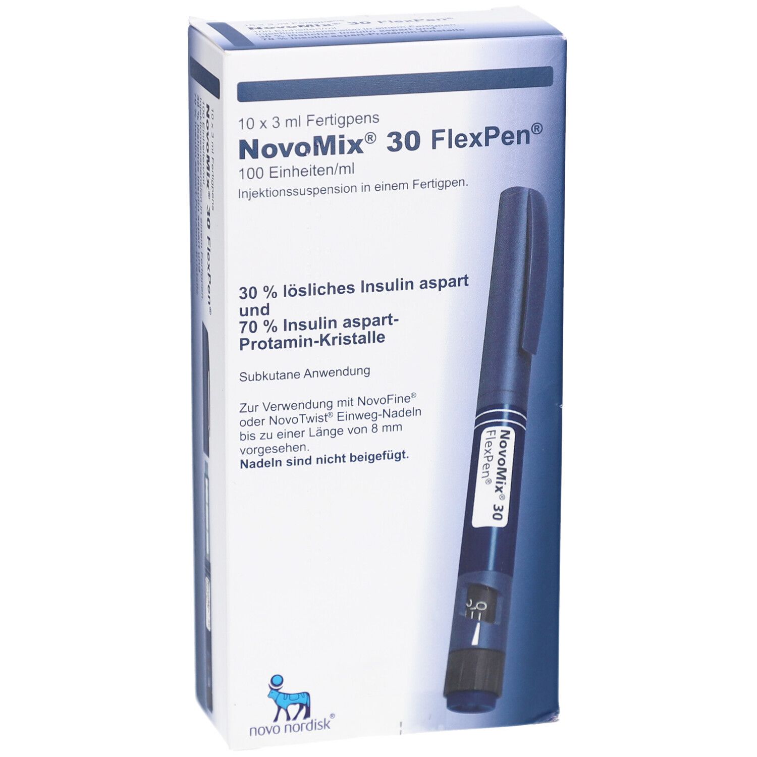 Verpackung von NovoMix 30 FlexPen. Aufschrift: NovoMix 30 FlexPen, 100 Einheiten/ml. Blaue Pen. Logo Novo Nordisk.