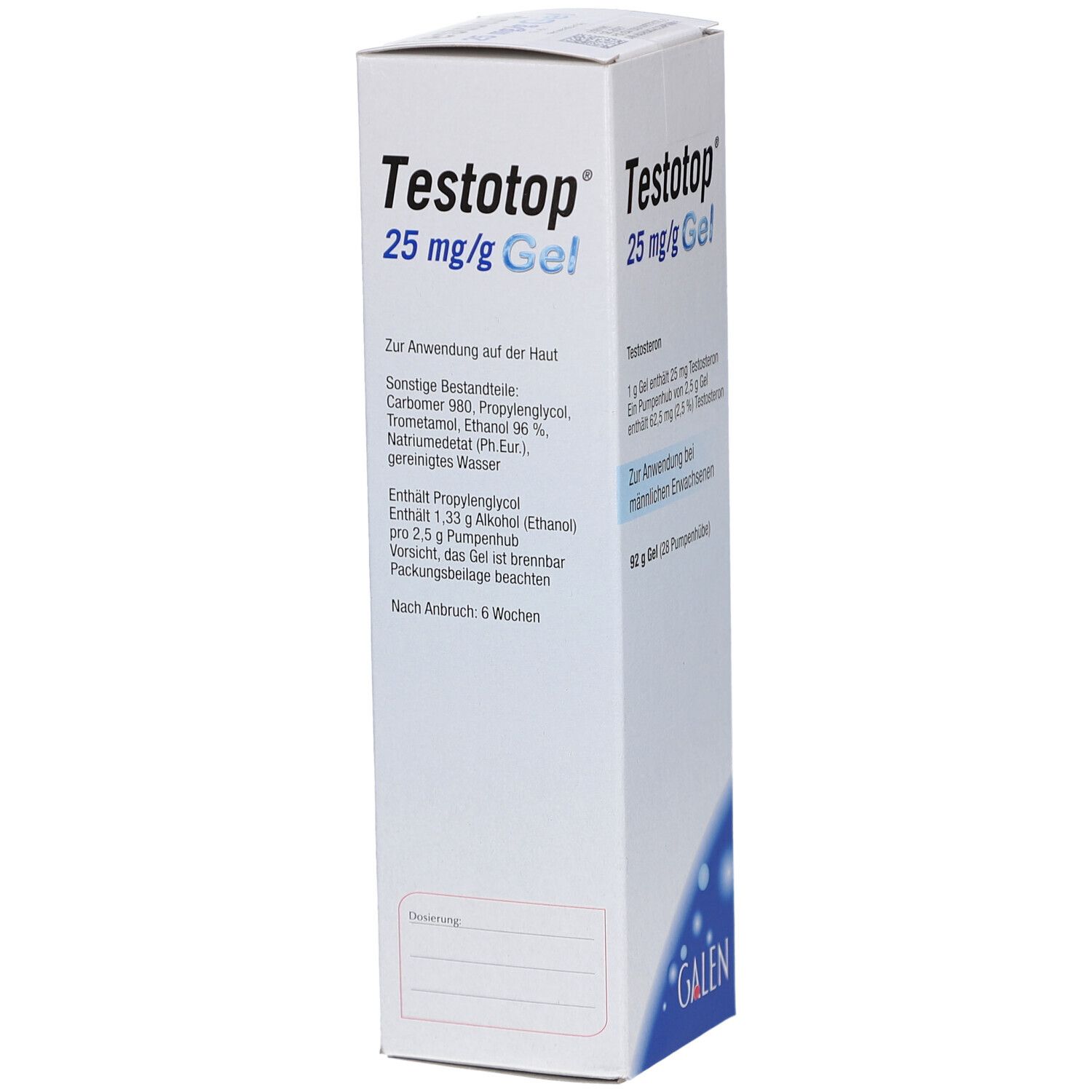 Weißer Karton mit Produktnamen Testotop 25 mg/g Gel. Enthält Informationen zu Inhaltsstoffen und Anwendung. GALEN Logo.