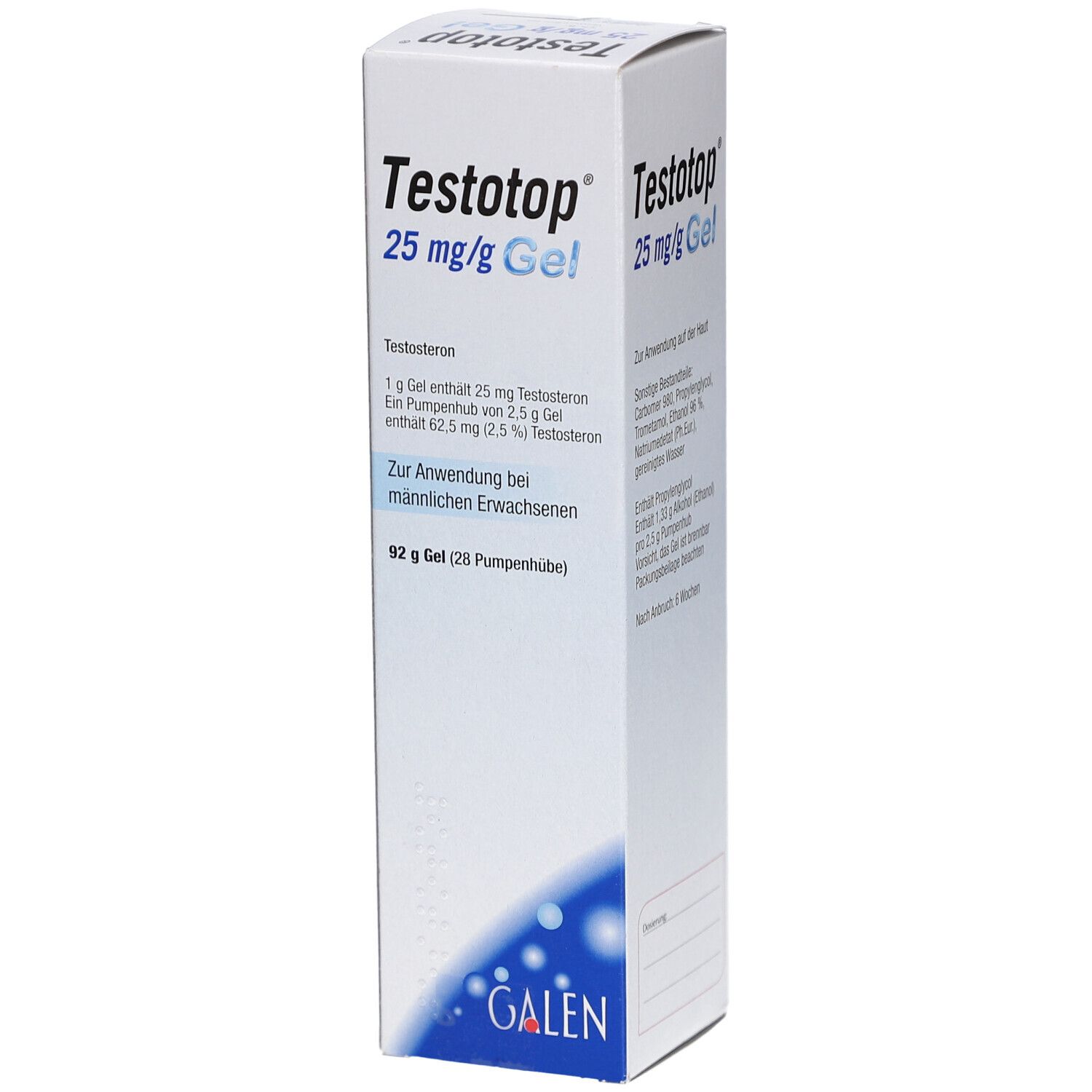 Weißer Karton mit Produktnamen Testotop 25 mg/g Gel. Enthält Informationen zur Anwendung und Inhaltsstoffen. GALEN Logo.