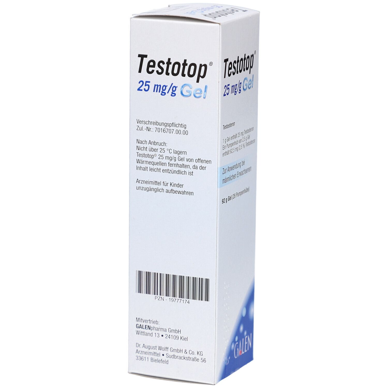 Weißer Karton mit Produktnamen Testotop 25 mg/g Gel. Enthält Informationen zur Anwendung und Inhaltsstoffen. GALEN Logo.