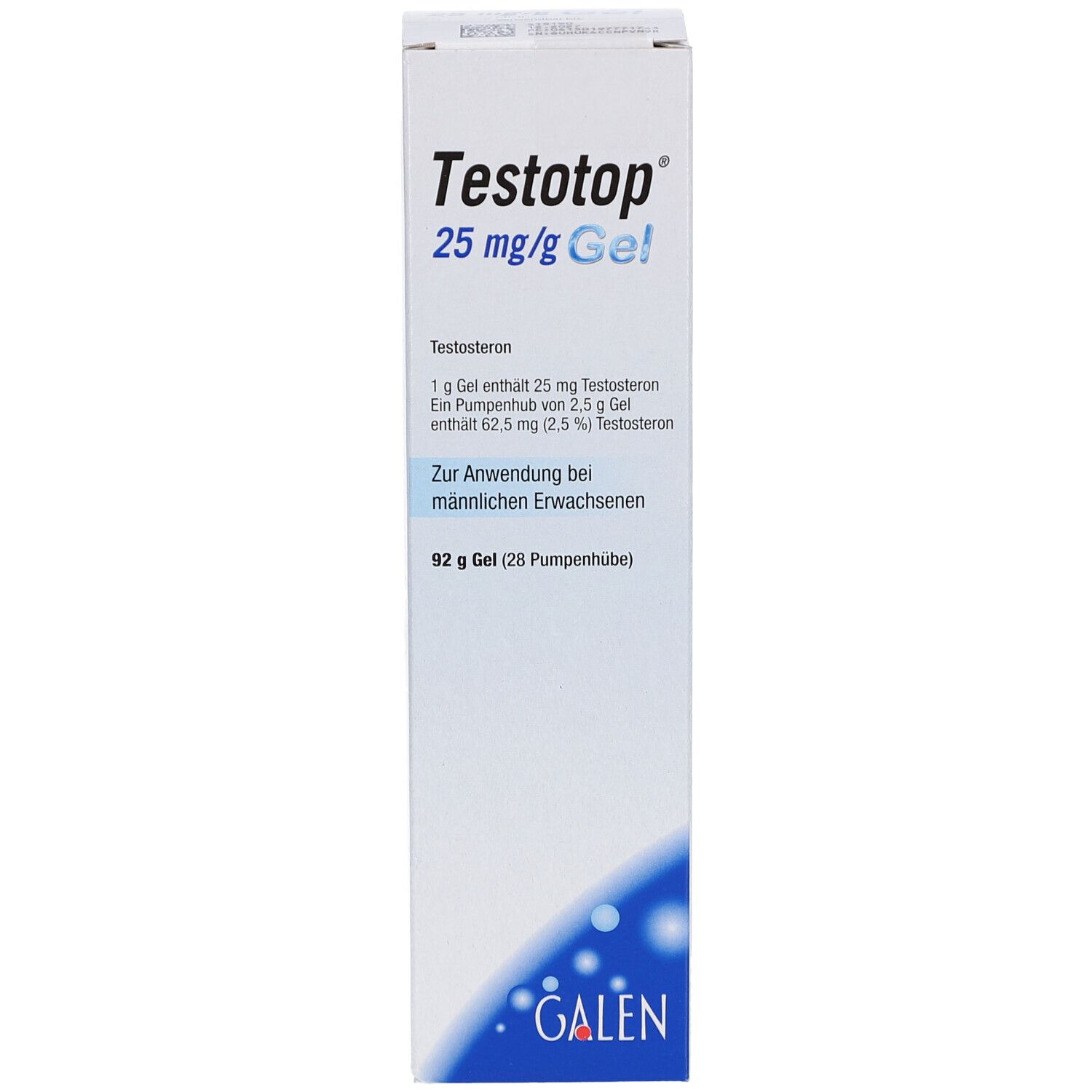 Weißer Karton mit Produktnamen Testotop 25 mg/g Gel. Enthält Informationen zur Anwendung und Inhaltsstoffen. GALEN Logo.
