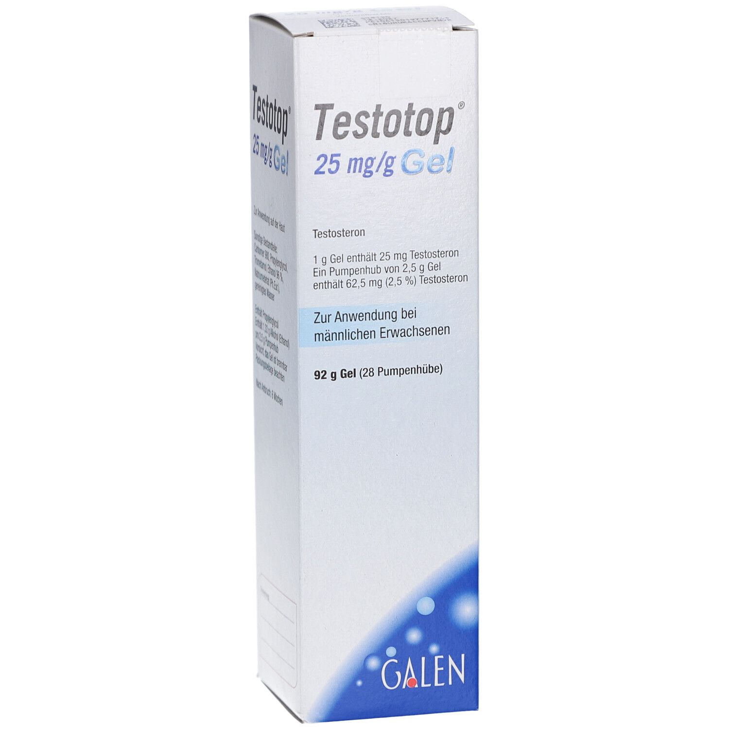 Weißer Karton mit Produktnamen Testotop 25 mg/g Gel. Enthält Informationen zur Anwendung und Inhaltsstoffen. GALEN Logo.