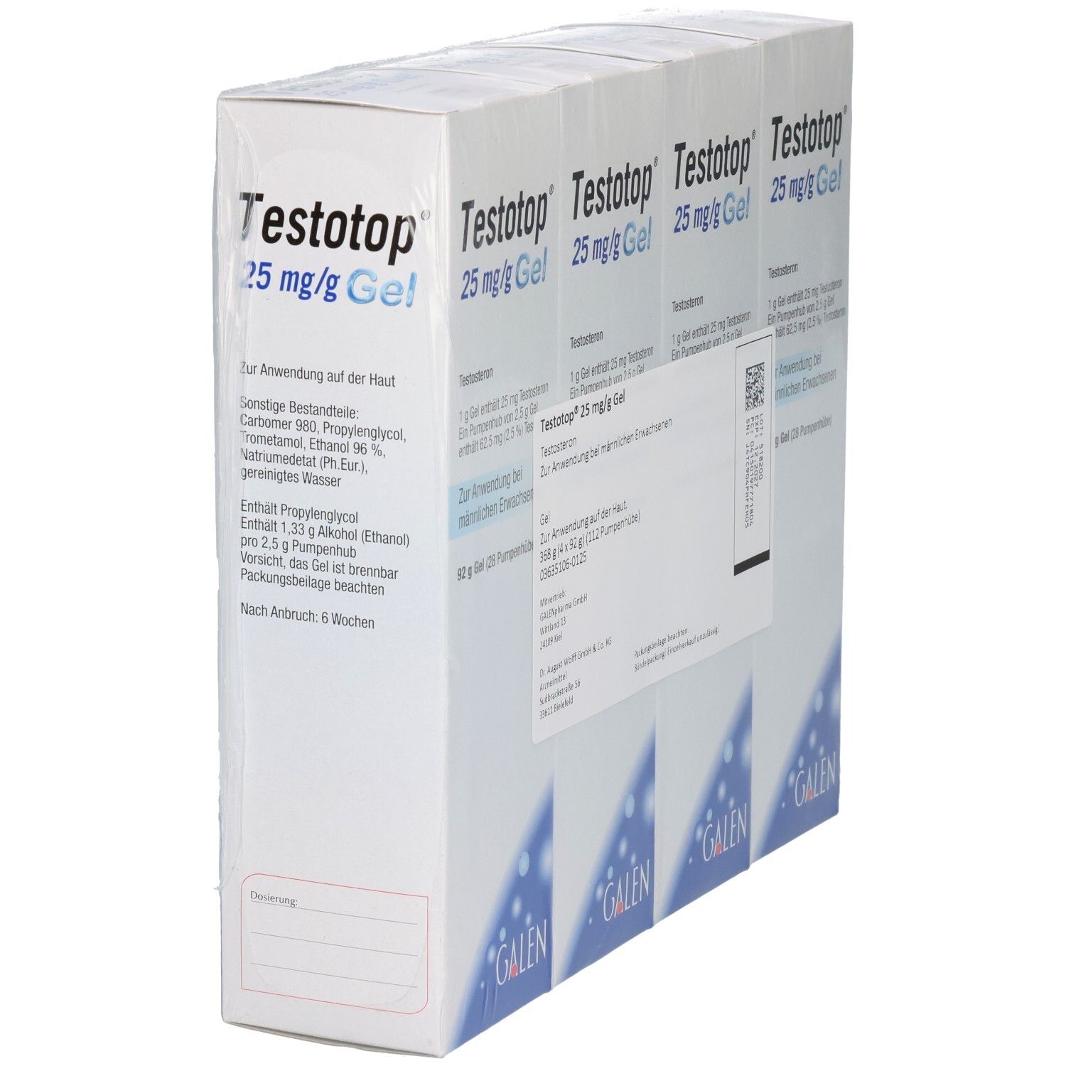 Verpackung mit vier Tuben Testotop 25 mg/g Gel. Jede Tube enthält 92 g Gel.
