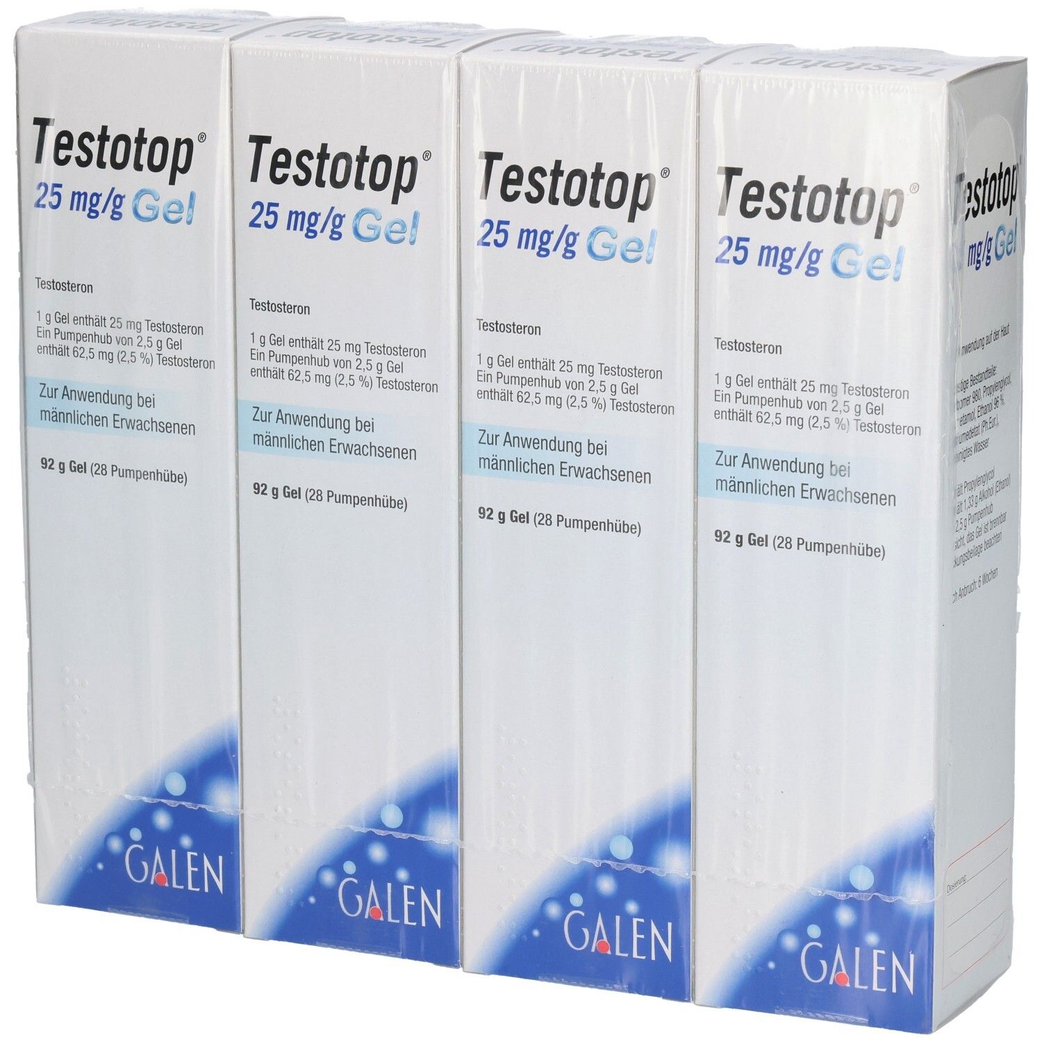 Vier Packungen Testotop 25 mg/g Gel nebeneinander. Jede Packung enthält 92 g Gel.