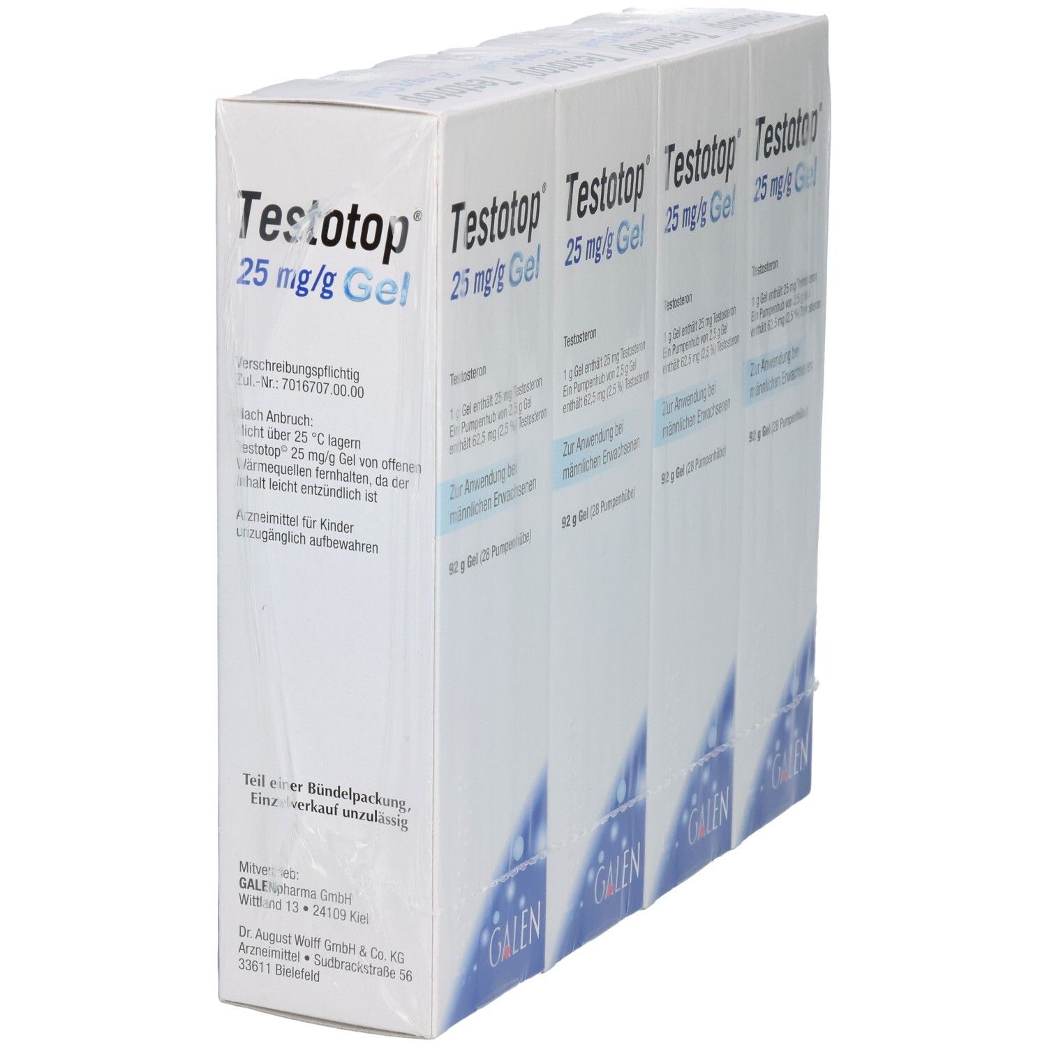 Rückseite einer Verpackung mit vier Tuben Testotop 25 mg/g Gel. Enthält Anwendungsinformationen.