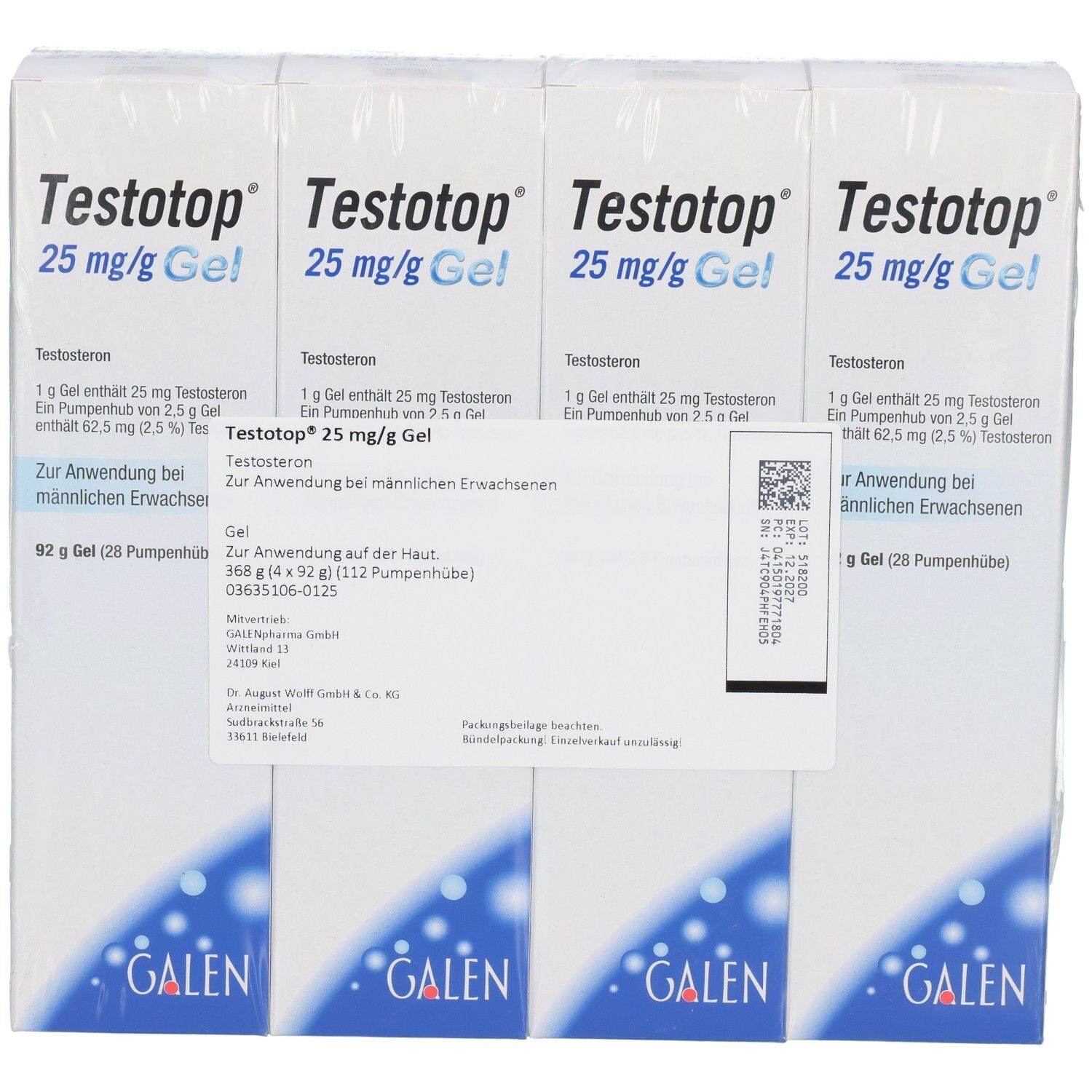 Vorderseite einer Großpackung Testotop 25 mg/g Gel. Enthält vier einzelne Packungen mit je 92 g.