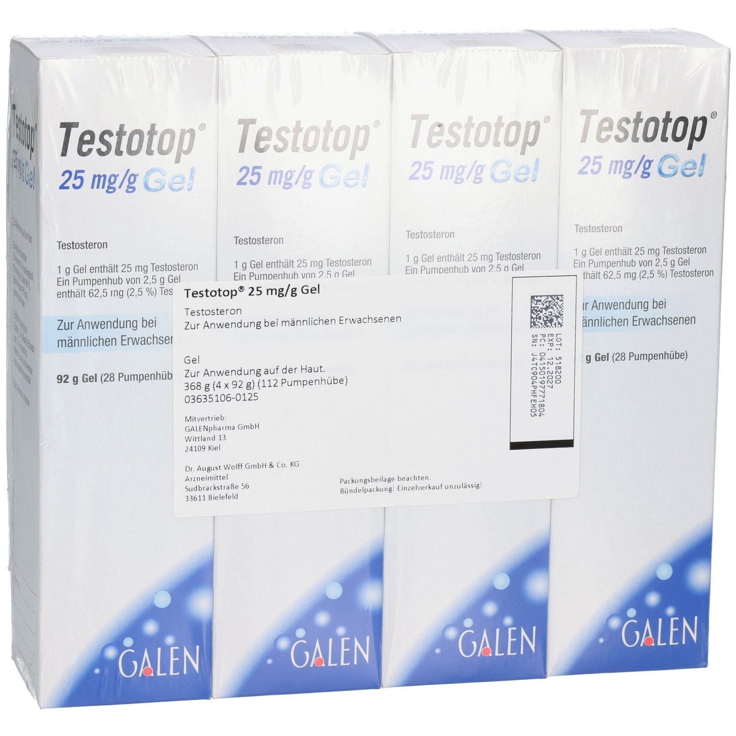 Großpackung Testotop 25 mg/g Gel mit vier einzelnen Packungen. Enthält 368 g Gel insgesamt.