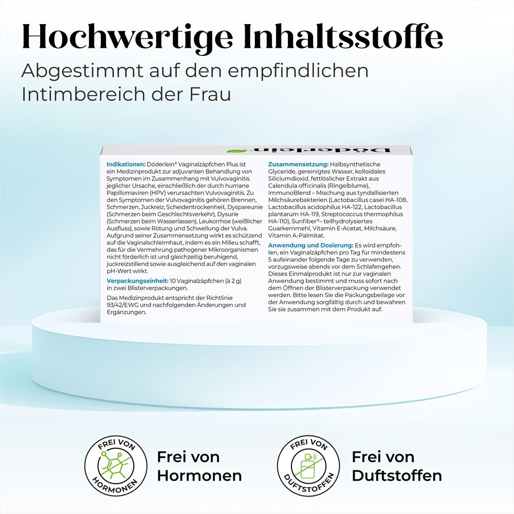 Text: Hochwertige Inhaltsstoffe. Packungsinhalt: 10 Vaginalzäpfchen. Frei von Hormonen und Duftstoffen.