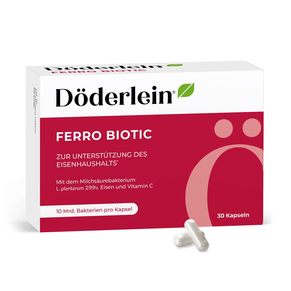 Weiße Schachtel mit rotem Feld. Aufschrift: Döderlein Ferro Biotic. 30 Kapseln. Zwei Kapseln liegen daneben.