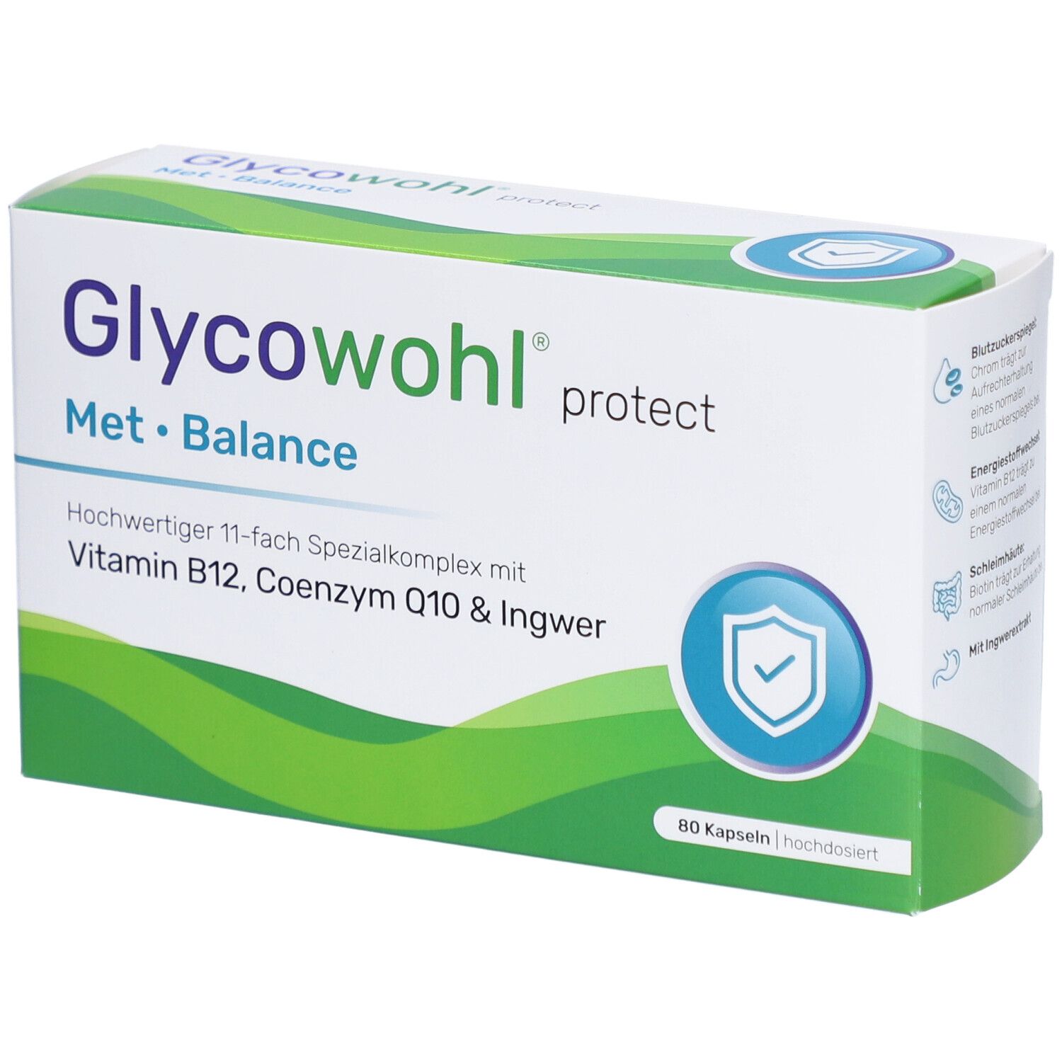 Karton von Glycowohl protect Met Balance. Enthält 80 Kapseln. Mit Vitamin B12, Coenzym Q10 & Ingwer. Grün-weiße Verpackung.