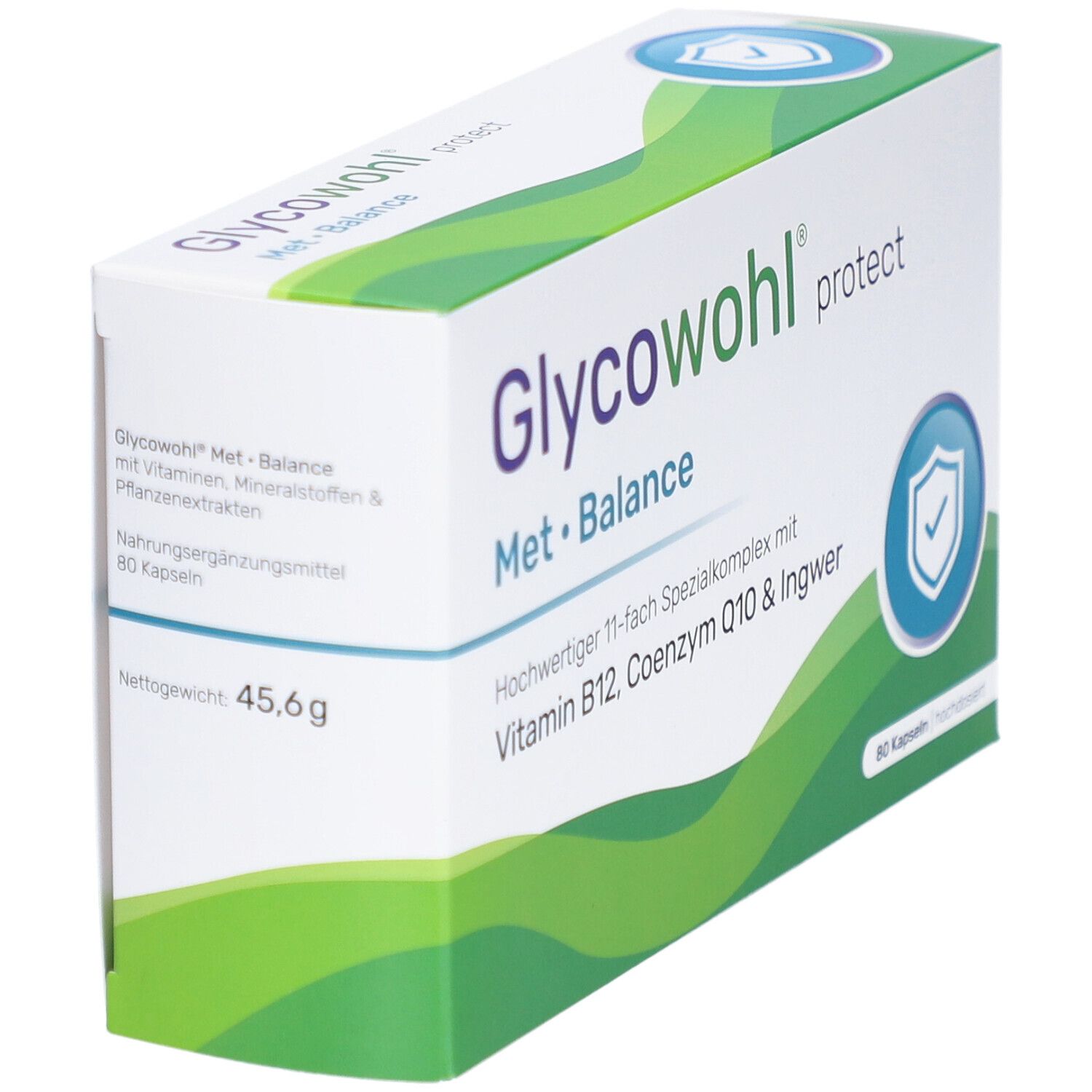 Glycowohl protect Met Balance-Verpackung. Enthält 80 Kapseln. Mit Vitamin B12, Coenzym Q10 & Ingwer. Gewicht: 45,6 g.