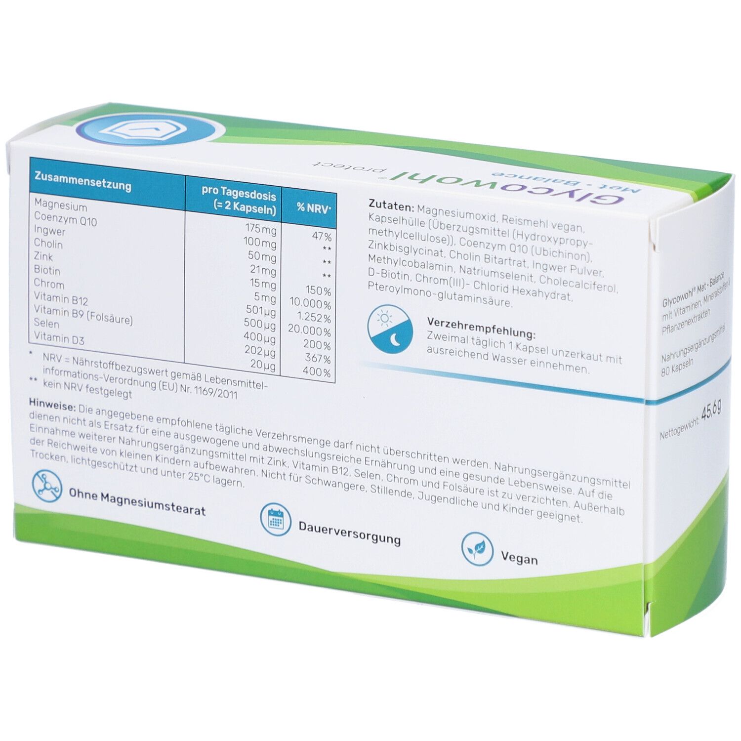 Rückseite der Glycowohl protect Met Balance-Verpackung. Enthält Inhaltsstoffe und Nährwertangaben. Vegan-Logo.