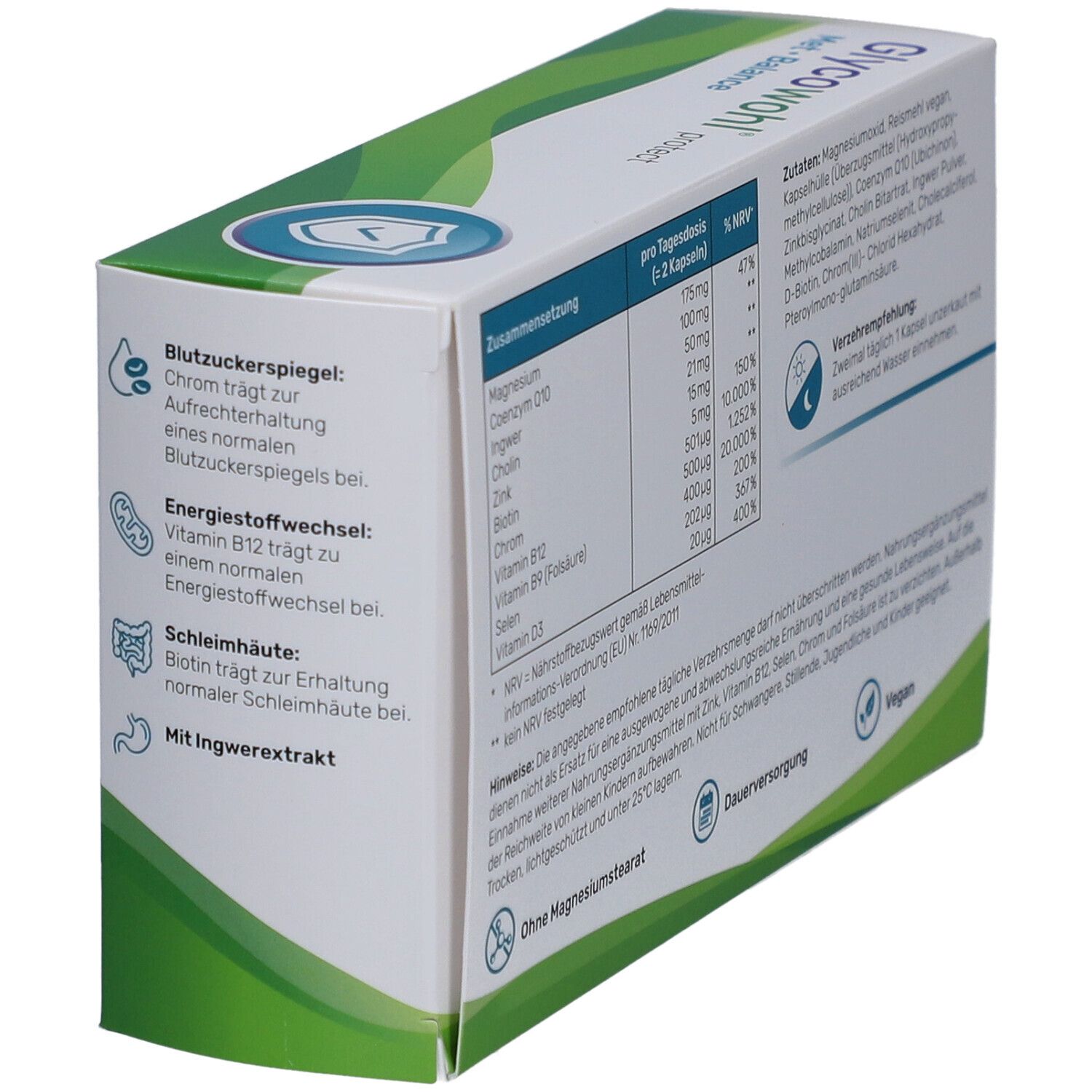 Rückseite der Glycowohl protect Met Balance-Verpackung. Enthält Inhaltsstoffe und Nährwertangaben. Vegan-Logo.