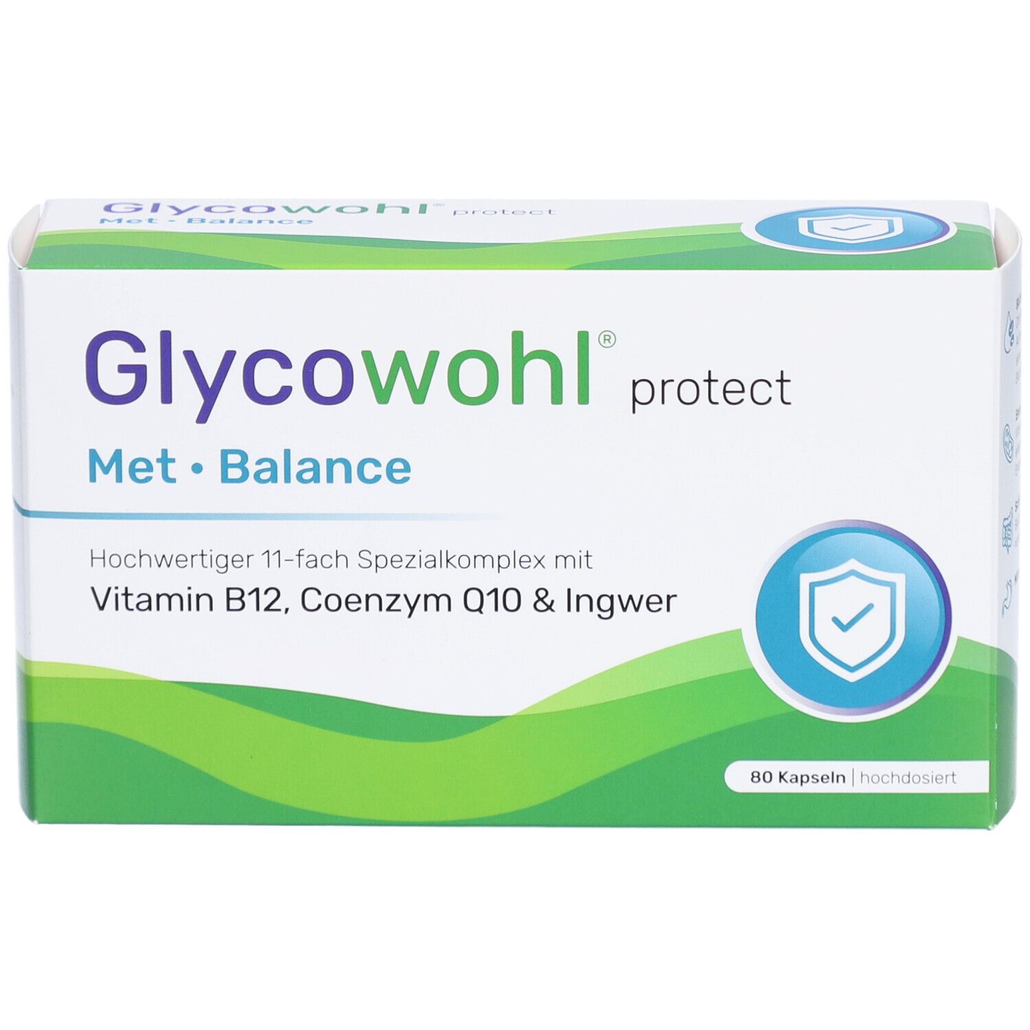 Glycowohl protect Met Balance-Verpackung. Enthält 80 Kapseln. Mit Vitamin B12, Coenzym Q10 & Ingwer. Grün-weiße Verpackung.
