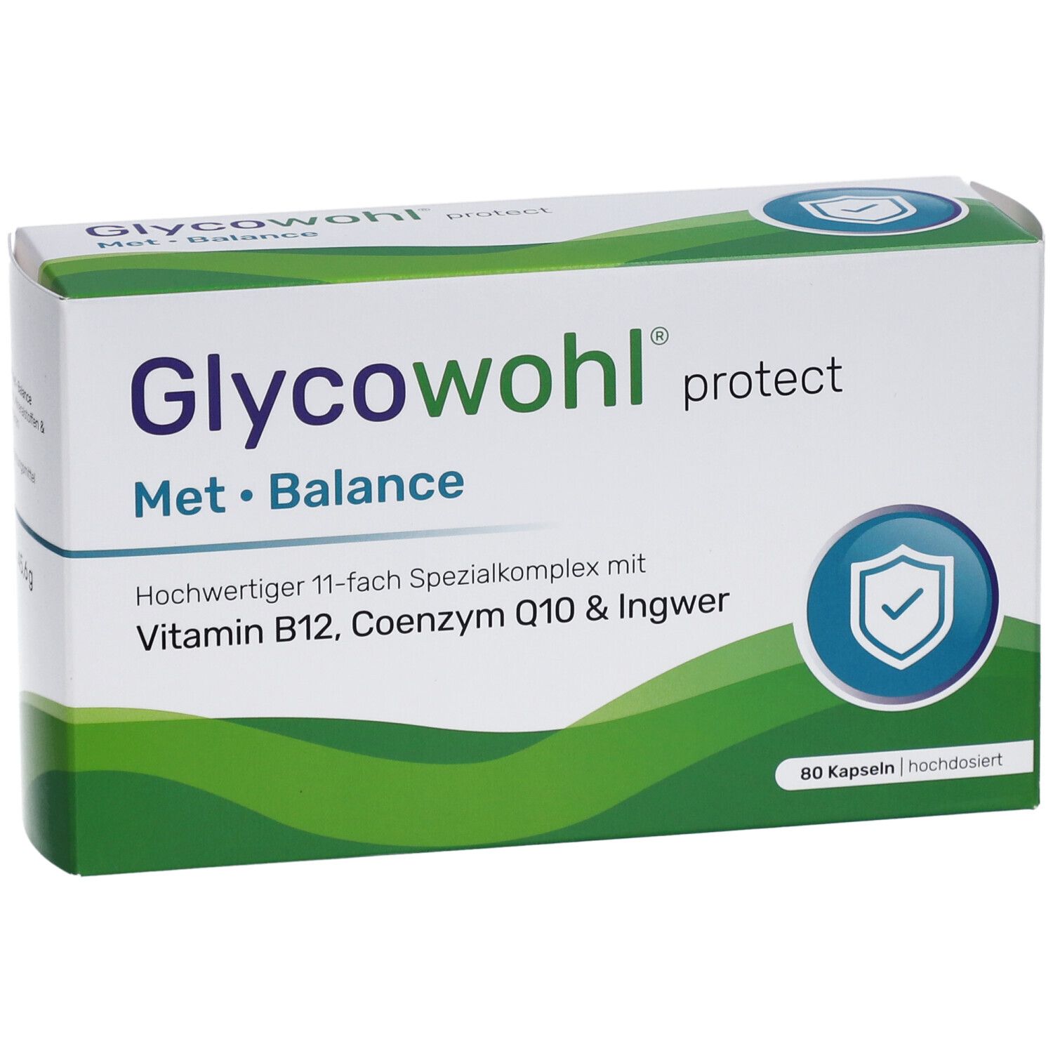 Glycowohl protect Met Balance-Verpackung. Enthält 80 Kapseln. Mit Vitamin B12, Coenzym Q10 & Ingwer. Grün-weiße Verpackung.