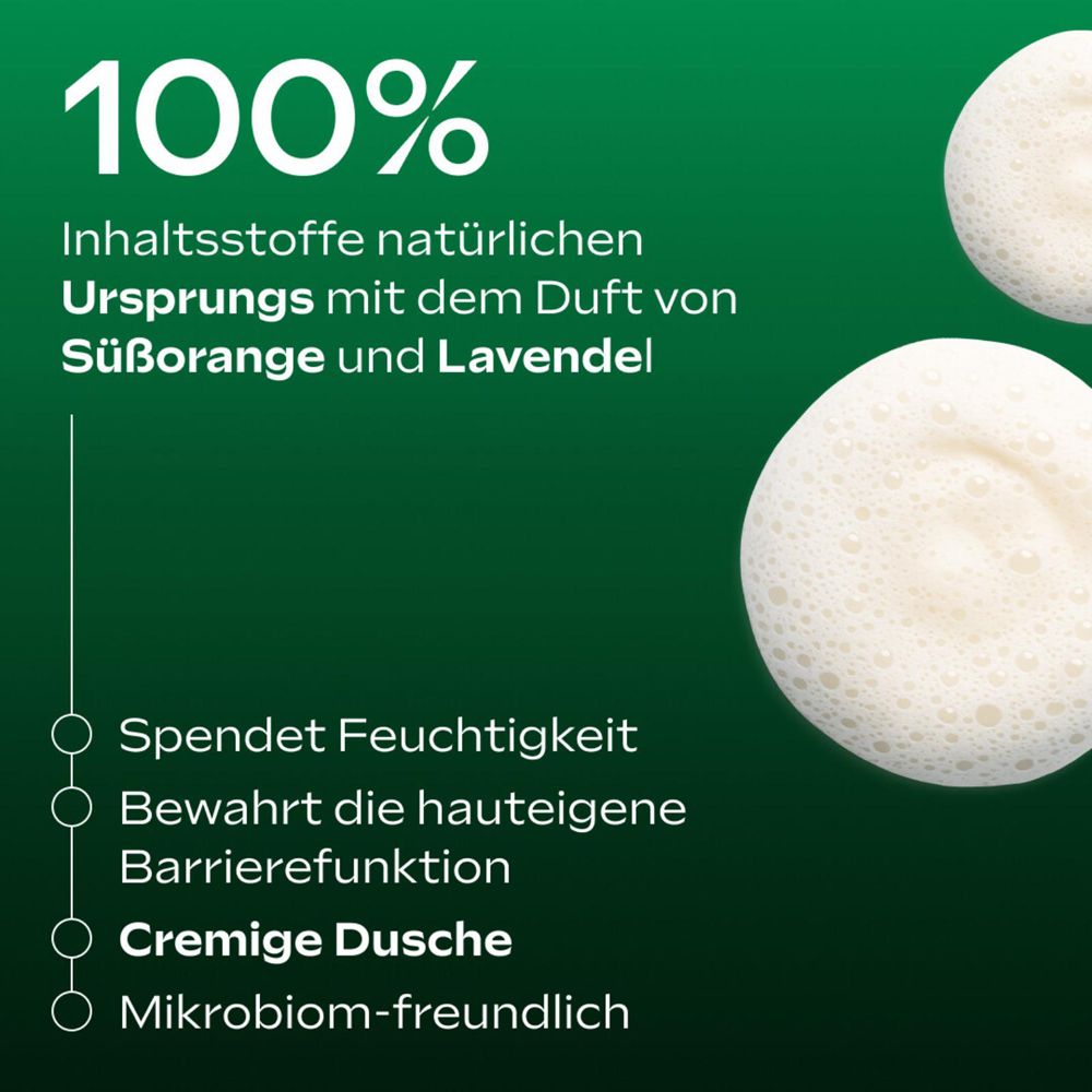 Nahaufnahme von Schaum. Text: 100% Inhaltsstoffe natürlichen Ursprungs. Spendet Feuchtigkeit, cremige Dusche.