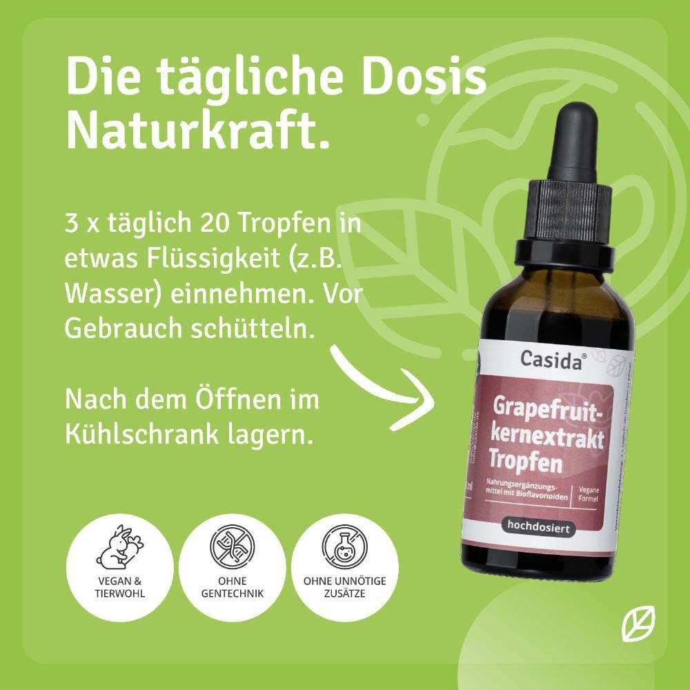 Braune Glasflasche mit Tropfer. Text: Casida, Grapefruitkernextrakt Tropfen. Anweisungen: 3x täglich 20 Tropfen in Flüssigkeit.