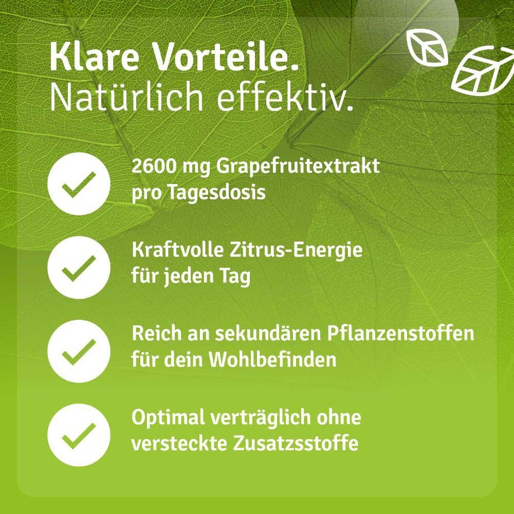 Text: 2600 mg Grapefruitextrakt pro Tagesdosis. Reich an sekundären Pflanzenstoffen. Optimal verträglich. Ohne Zusatzstoffe.