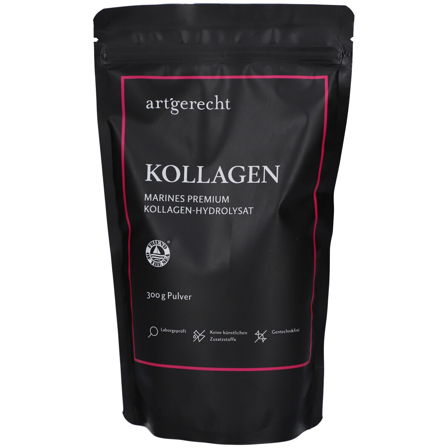 Schwarze Tüte mit rosa Rahmen und Schriftzug 'artgerecht KOLLAGEN'. Enthält 300g Pulver. Siegel.
