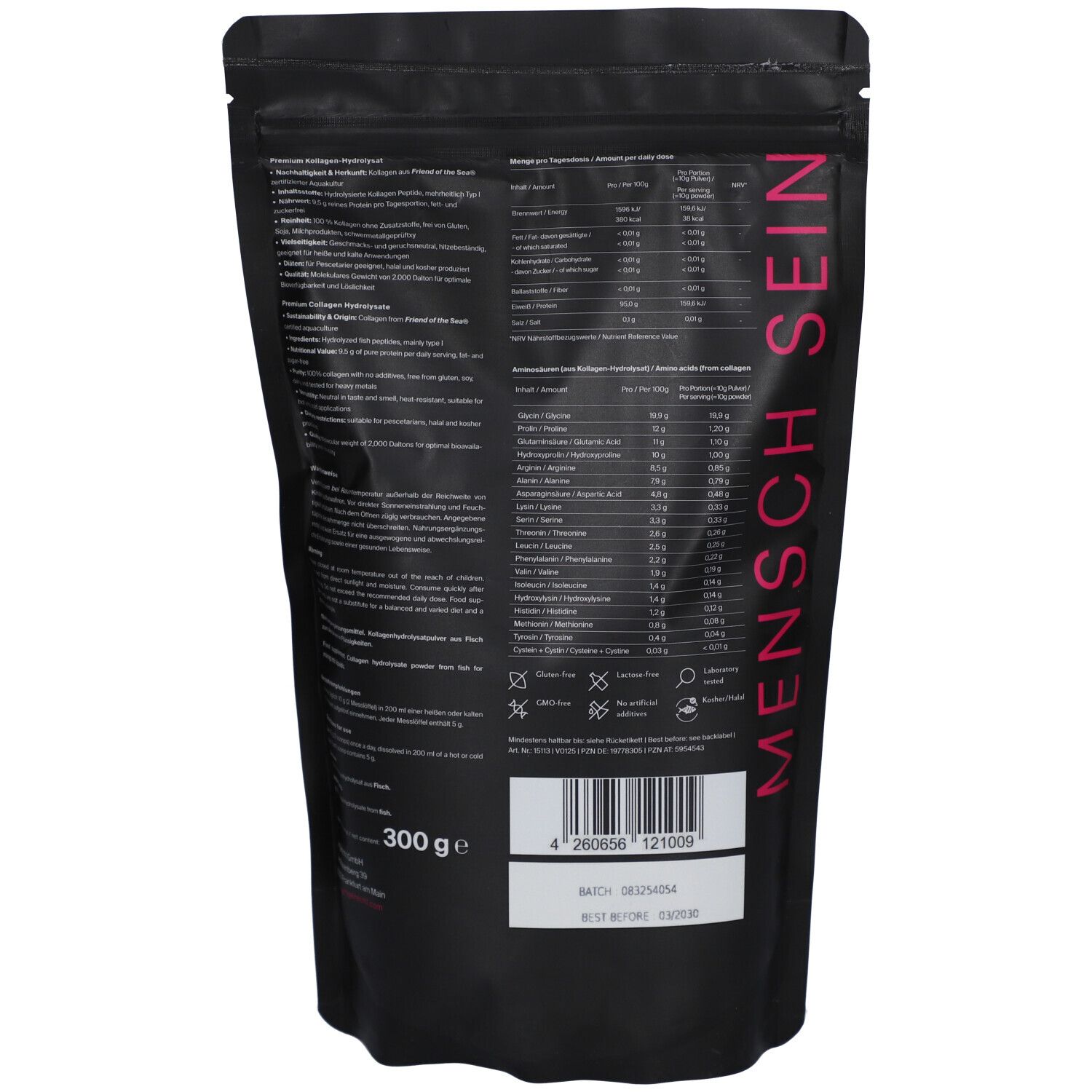 Rückseite der schwarzen Tüte. Enthält Text, Nährwertangaben und Barcode. 'MENSCH SEIN' Schriftzug.