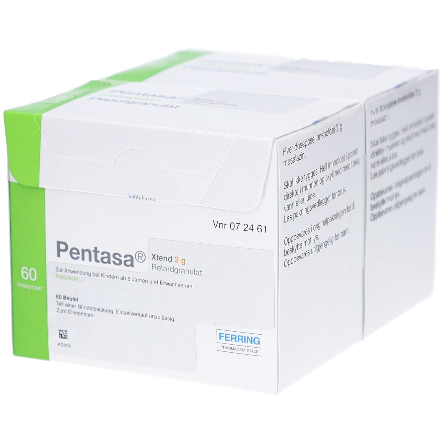 Weiße Schachtel mit grünem Akzent. Aufschrift: Pentasa Xtend 2 g Retardgranulat. 60 Beutel. Ferring-Logo.