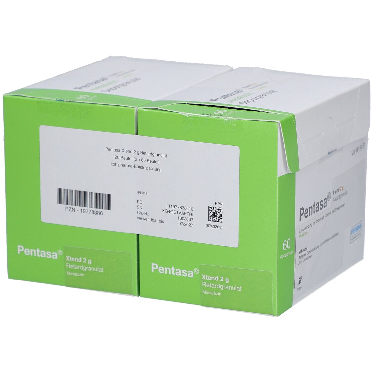 Zwei Packungen Pentasa Xtend 2 g Retardgranulat. 120 Beutel. Weiße Schachteln mit grünen Akzenten. Barcode und weitere Informationen.