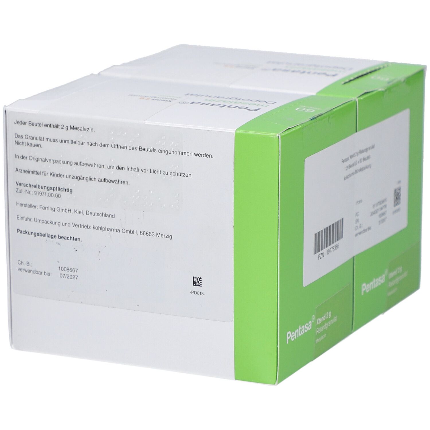 Rückseite einer Packung Pentasa Xtend 2 g Retardgranulat. Weiße Schachtel mit grünen Akzenten. Textinformationen und Barcode.