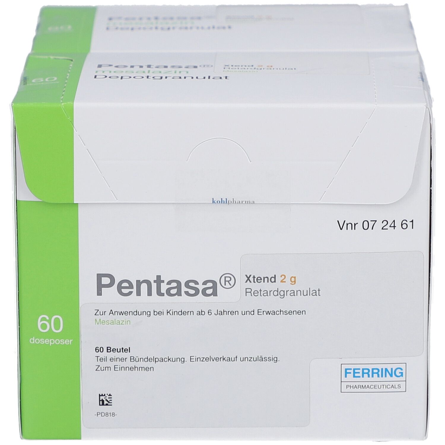 Packung Pentasa Xtend 2 g Retardgranulat. 60 Beutel. Weiße Schachtel mit grünem Akzent. Ferring-Logo.