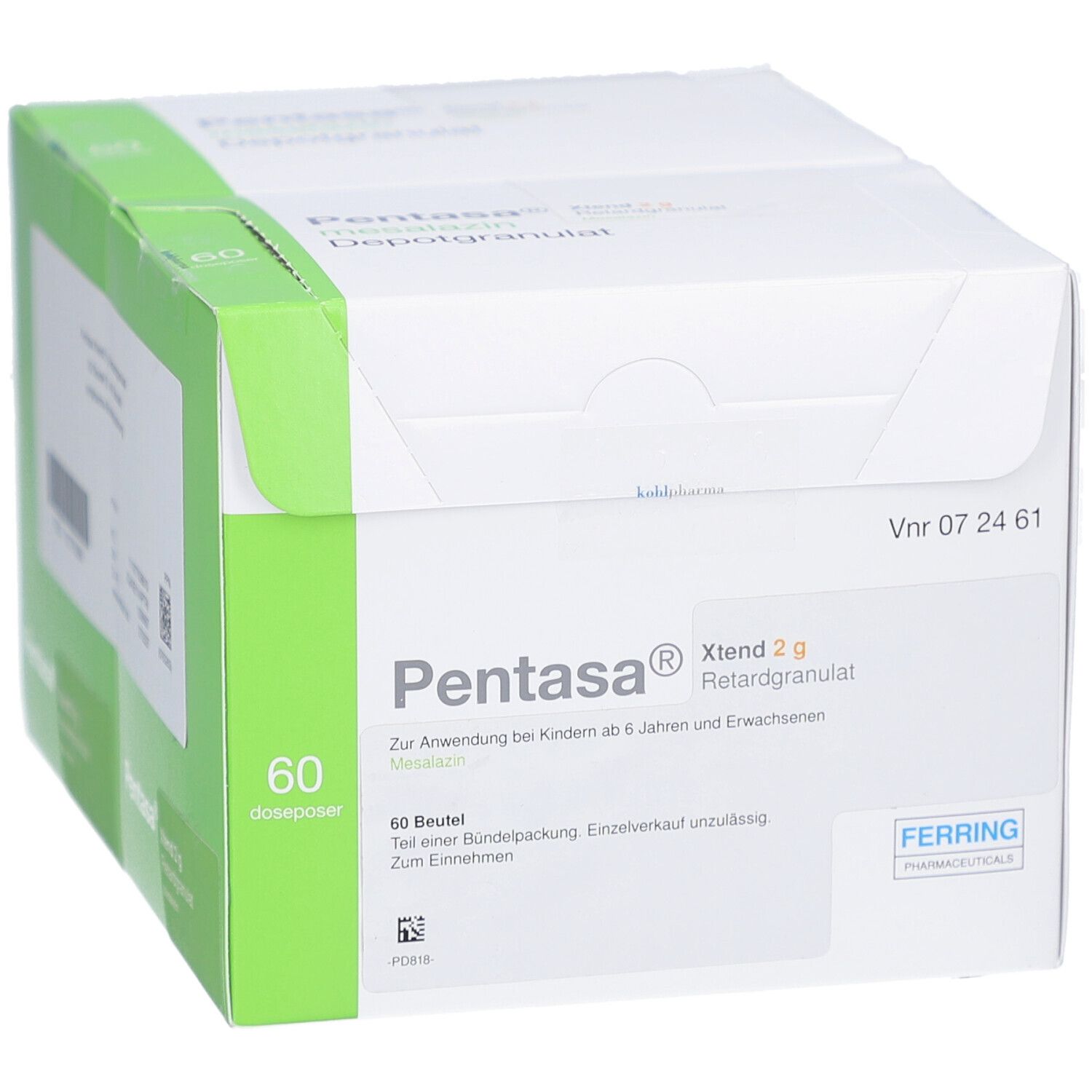 Packung Pentasa Xtend 2 g Retardgranulat. 60 Beutel. Weiße Schachtel mit grünem Akzent. Ferring-Logo.