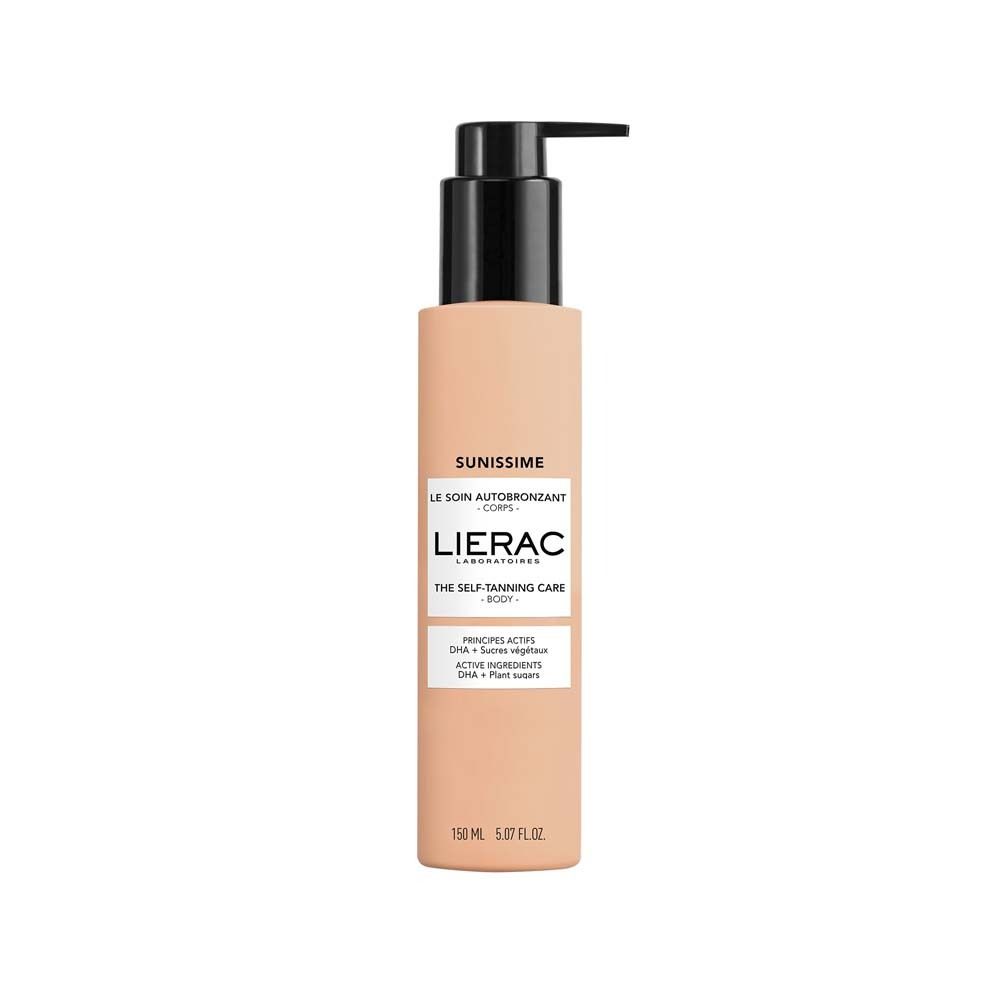 Beige Flasche mit schwarzem Pumpkopf. Aufschrift: SUNISSIME, LIERAC, THE SELF-TANNING CARE BODY. 150 ml.