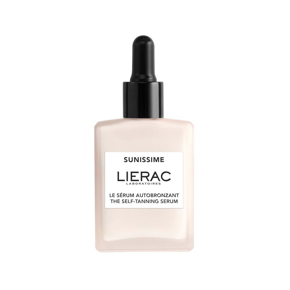 Serumflasche mit schwarzem Tropfer. Aufschrift: Sunissime, LIERAC, Le Sérum Autobronzant, The Self-Tanning Serum.