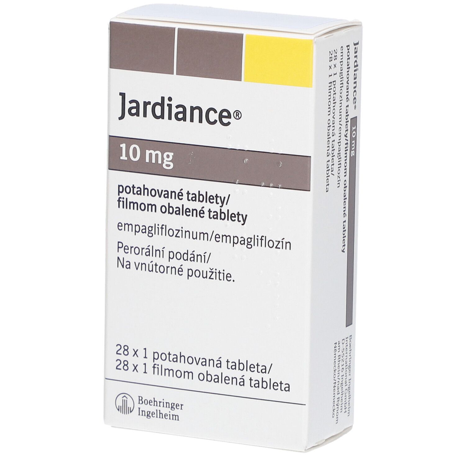 Schachtel mit "Jardiance 10 mg Filmtabletten". Aufschrift: 28 Tabletten. Herstellerlogo.