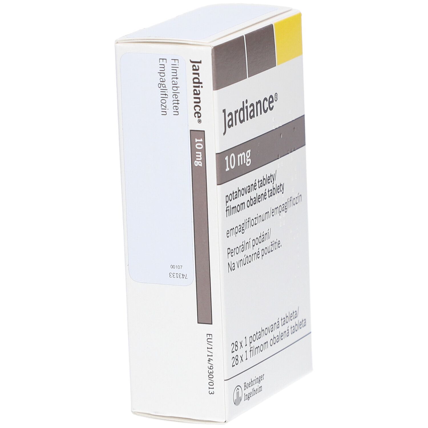 Schräg gestellte Schachtel "Jardiance 10 mg Filmtabletten". Aufschrift: 28 Tabletten. Herstellerlogo.