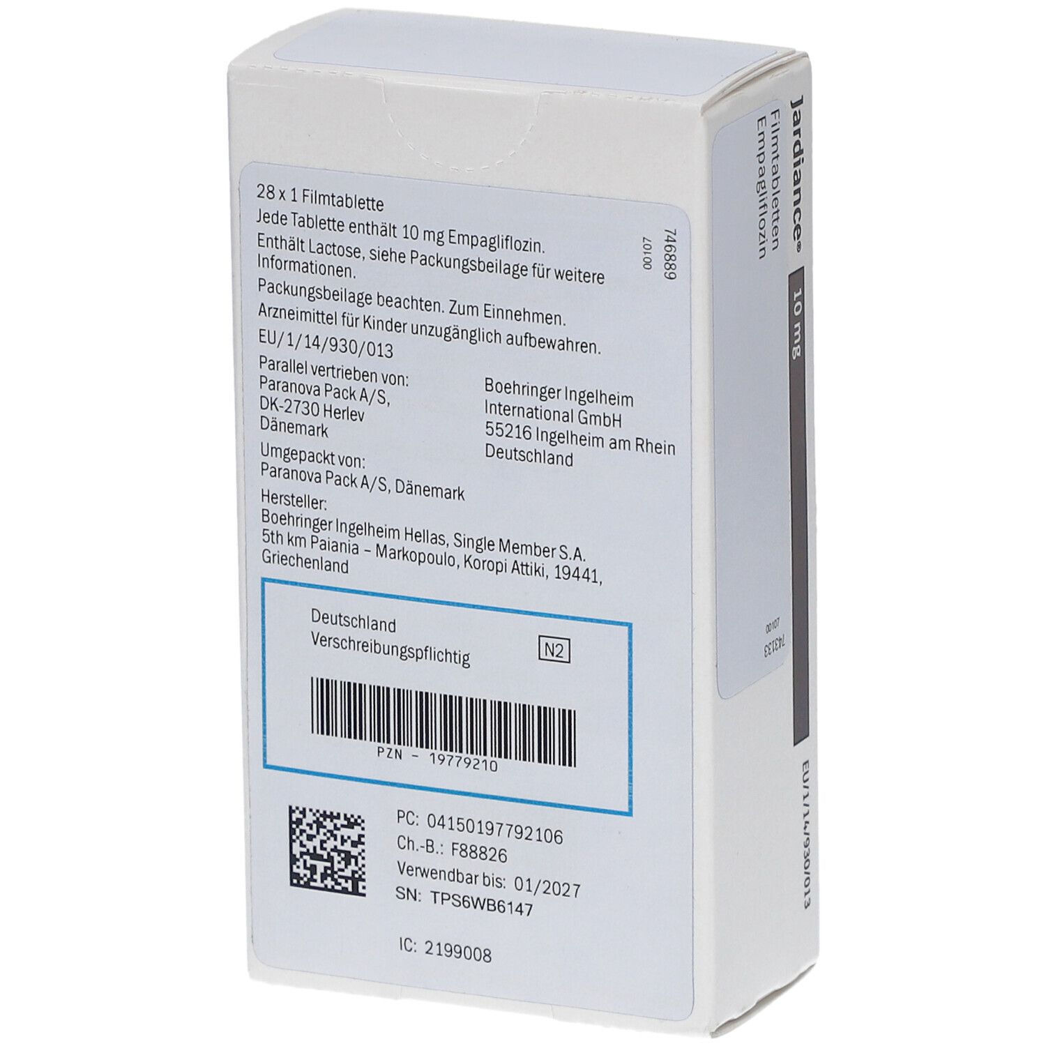 Rückseite der Schachtel "Jardiance 10 mg Filmtabletten". Text mit Inhaltsstoffen, Herstellerinformationen und Chargennummer.