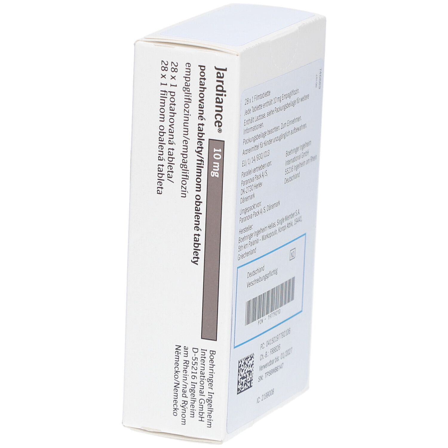 Schräg gestellte Schachtel "Jardiance 10 mg Filmtabletten". Aufschrift: 28 Tabletten. Herstellerlogo.