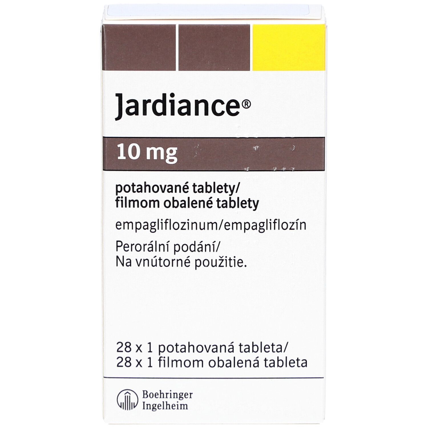 Schachtel mit "Jardiance 10 mg Filmtabletten". Aufschrift: 28 Tabletten. Herstellerlogo.