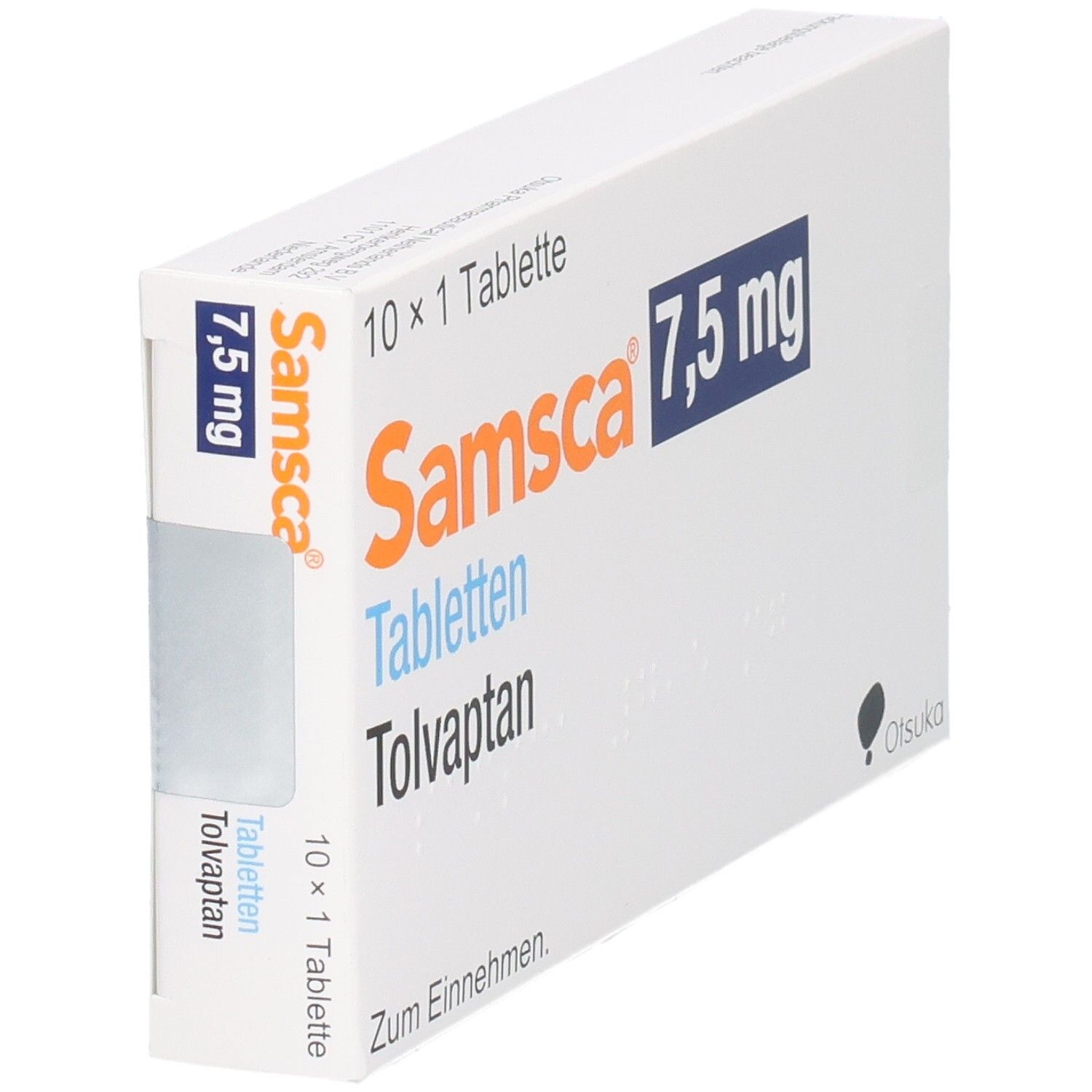 Samscca 7,5 mg Tabletten Tolvaptan Verpackung, Seitenansicht. 10 x 1 Tablette.