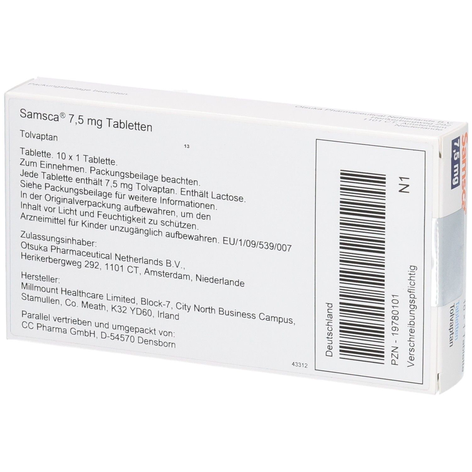 Rückseite der Samscca 7,5 mg Tabletten Tolvaptan Verpackung mit Informationen.