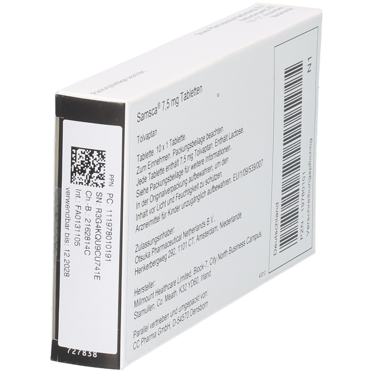 Seitenansicht der Samscca 7,5 mg Tabletten Tolvaptan Verpackung mit Chargennummer.