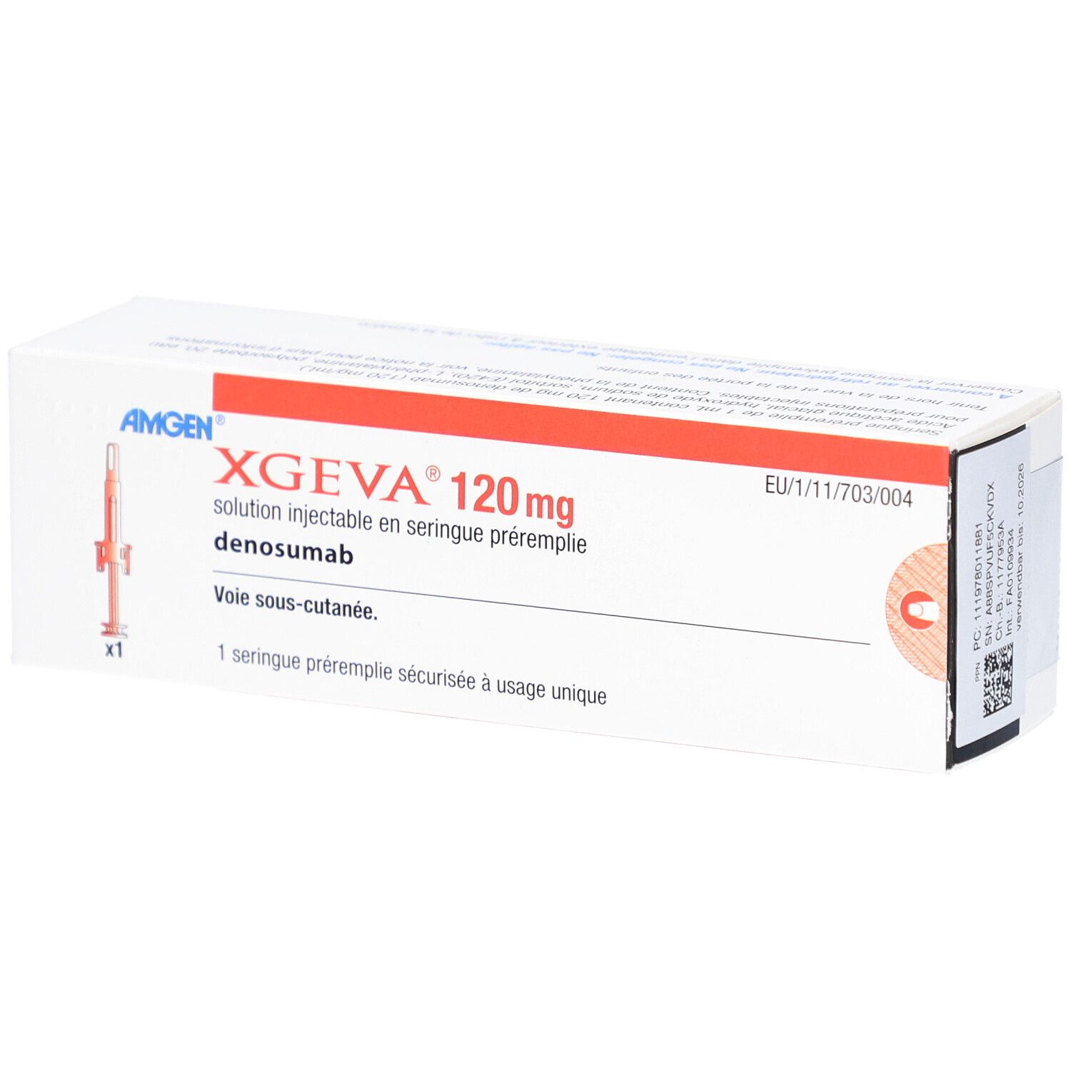 XGEVA 120 mg Injektionslösung in Fertigspritze. Weiße Schachtel mit roter Schrift. Enthält eine Fertigspritze.